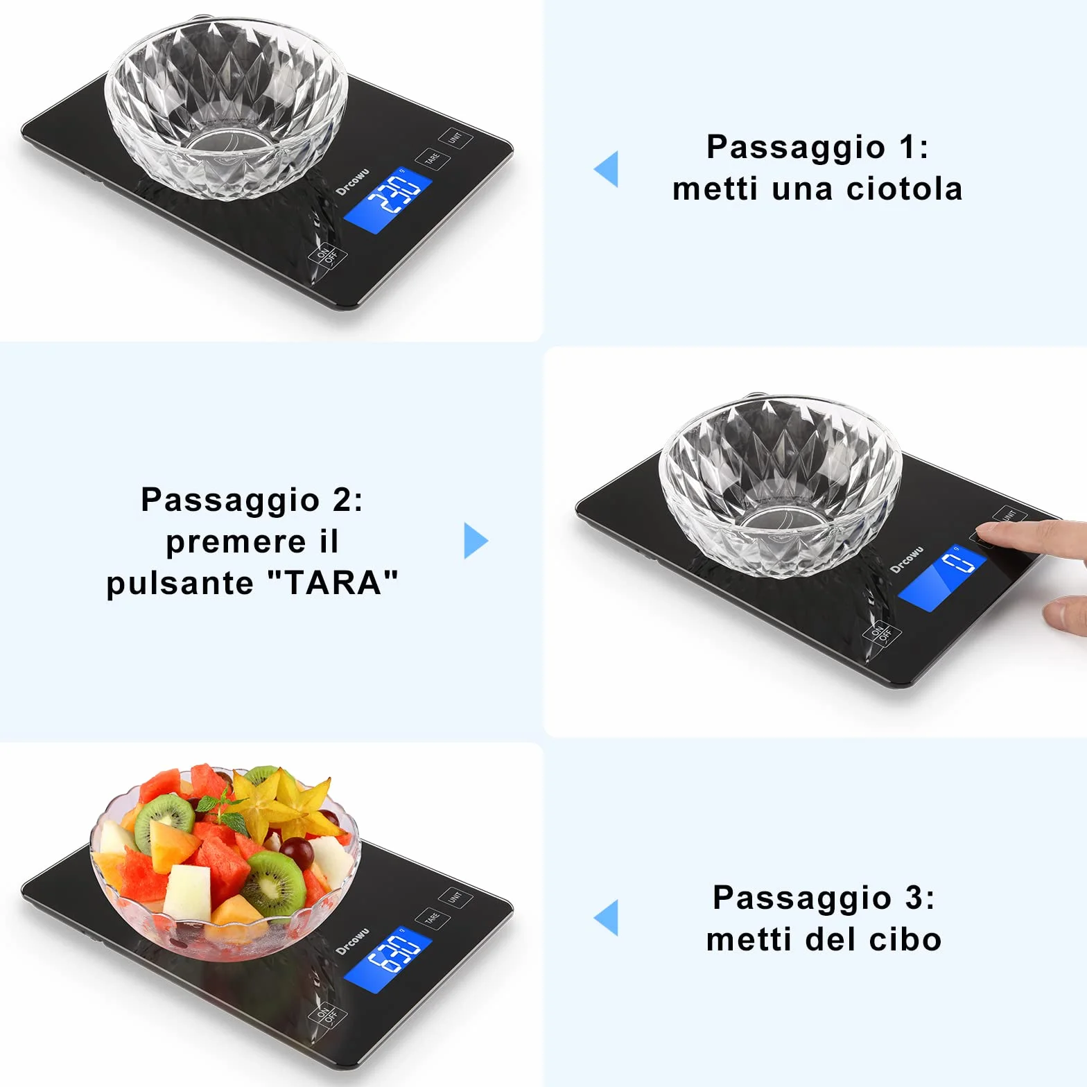 Bilancia da Cucina, Bilancia Cucina Digitale 15kg, alta Precisione 1 g Pesa Alimenti, Funzione Tare, Grande Display LCD, Bilance impermeabile Varie Unità in Grammi e Once, Pulsante touch
