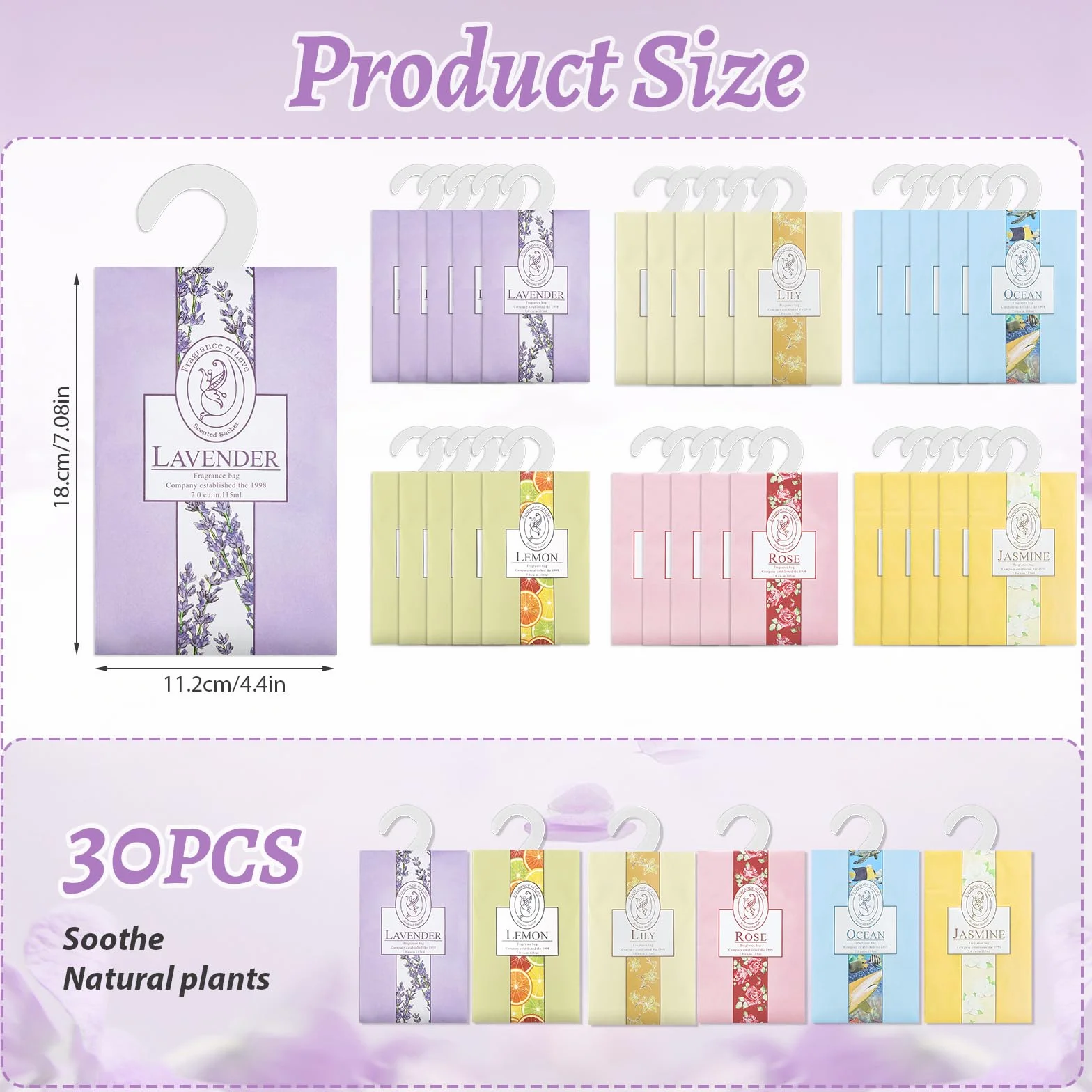 Confezione da 30 sacchetti profumati naturali antitarme, 6 diverse fragranze, deodorante per armadio, con bustine da appendere, deodoranti per guardaroba, carrello da bagno per vestiti