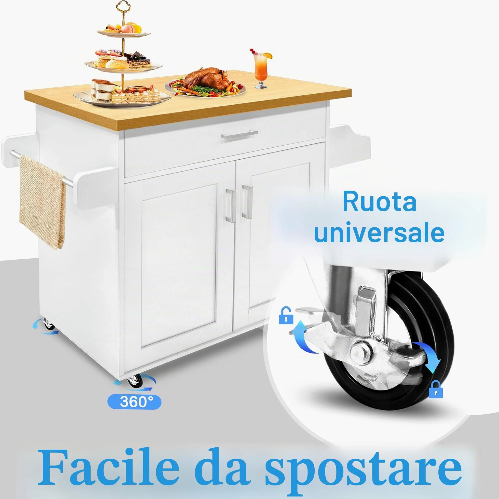 FIVMEN Carrello da Cucina con Ruote e Piano di Lavoro, Carrello Servizio in Legno con Portasciugamani e Portaspezie, Mobile Credenza Cucina Bianco, 115x90x36 cm