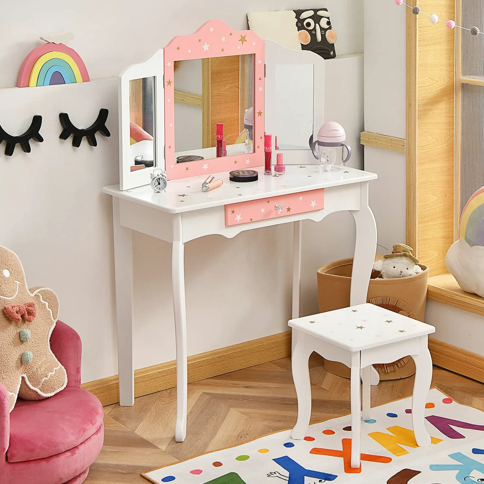 RELAX4LIFE 2 in 1 Toeletta Trucco Bambina con Specchio e Sgabello, Centro di Bellezza, Giocattolo da Trucco, Set Tavolo da Trucco in Legno per 3 4 5 6 Anni (Bianca)
