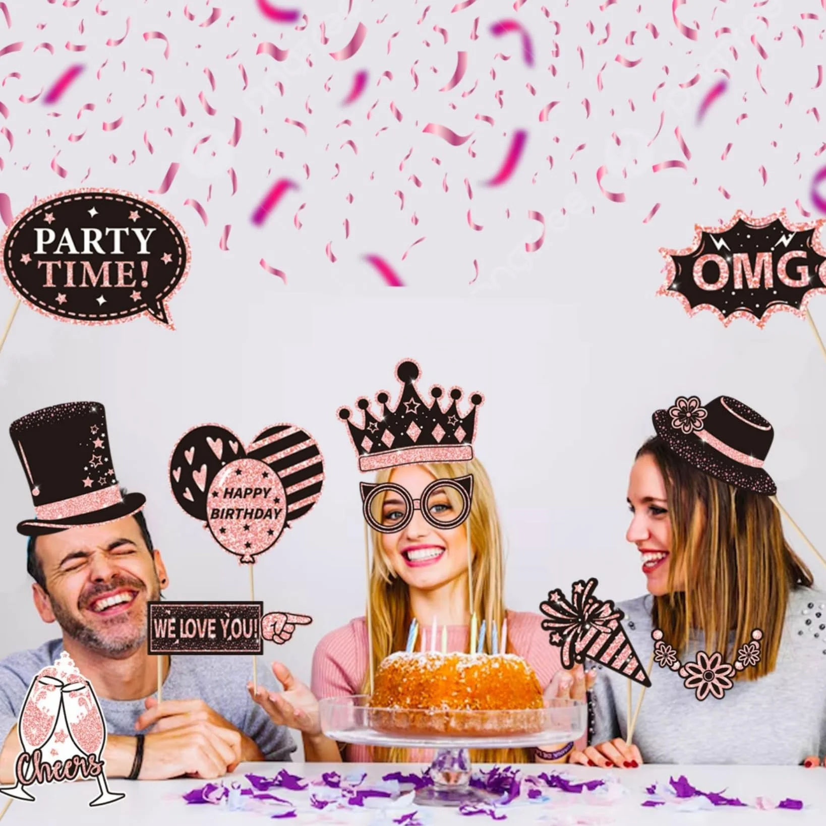 38 Pezzi Oggetti Scena per Cabine Fotografiche di Compleanno, Happy Birthday Party Favors Supplies Bday Party Decor, Photo Booth Funny Cute Selfie (Rosa)