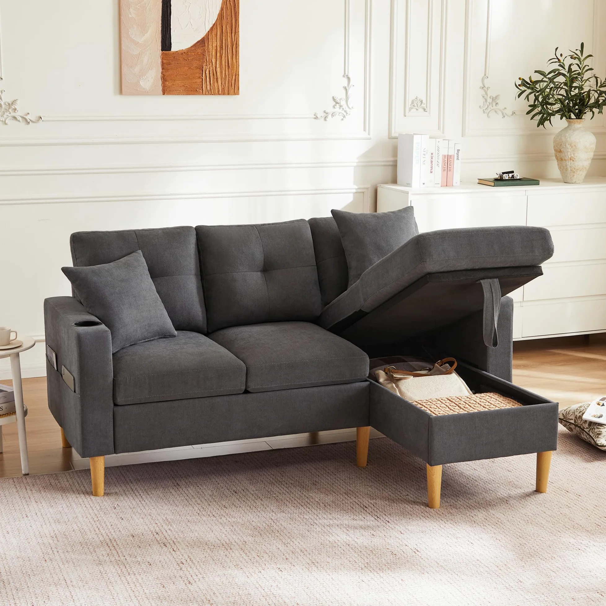 Divano Moderno a Forma di L, a 3 Posti, con Chaiselongue, Portabevande, Spazio per Riporre, Include 2 Cuscini, per Soggiorno, Ufficio, Appartamento (Grigio Scuro)