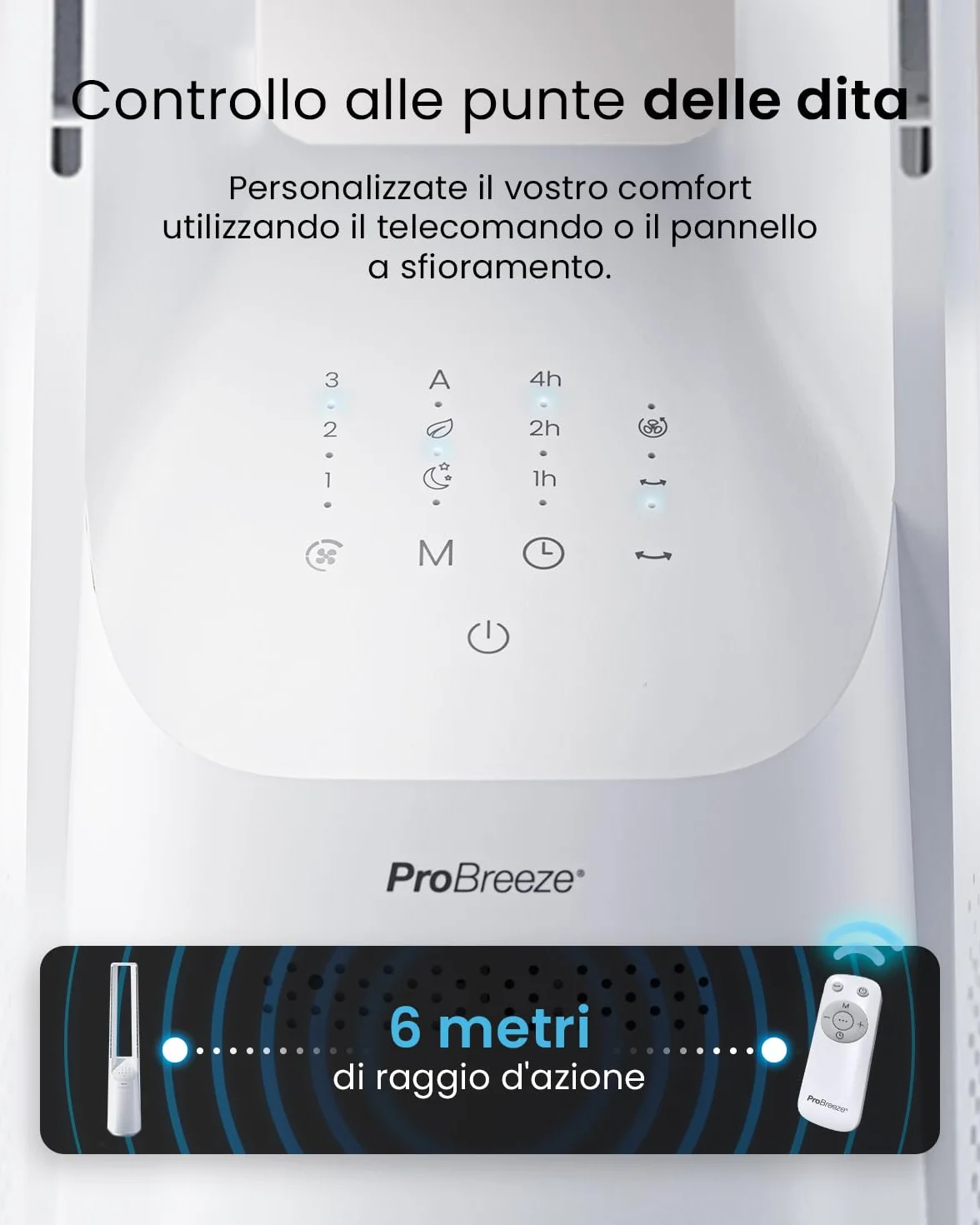 Pro Breeze Ventilatore a Torre Bianco 101 cm Senza Pale – Motore DC Ultra Silenzioso, Telecomando, Display LED, 6 Velocità, 5 Modalità, Oscillazione Automatica 60°, Timer 7h, Ideale per Casa e Camera