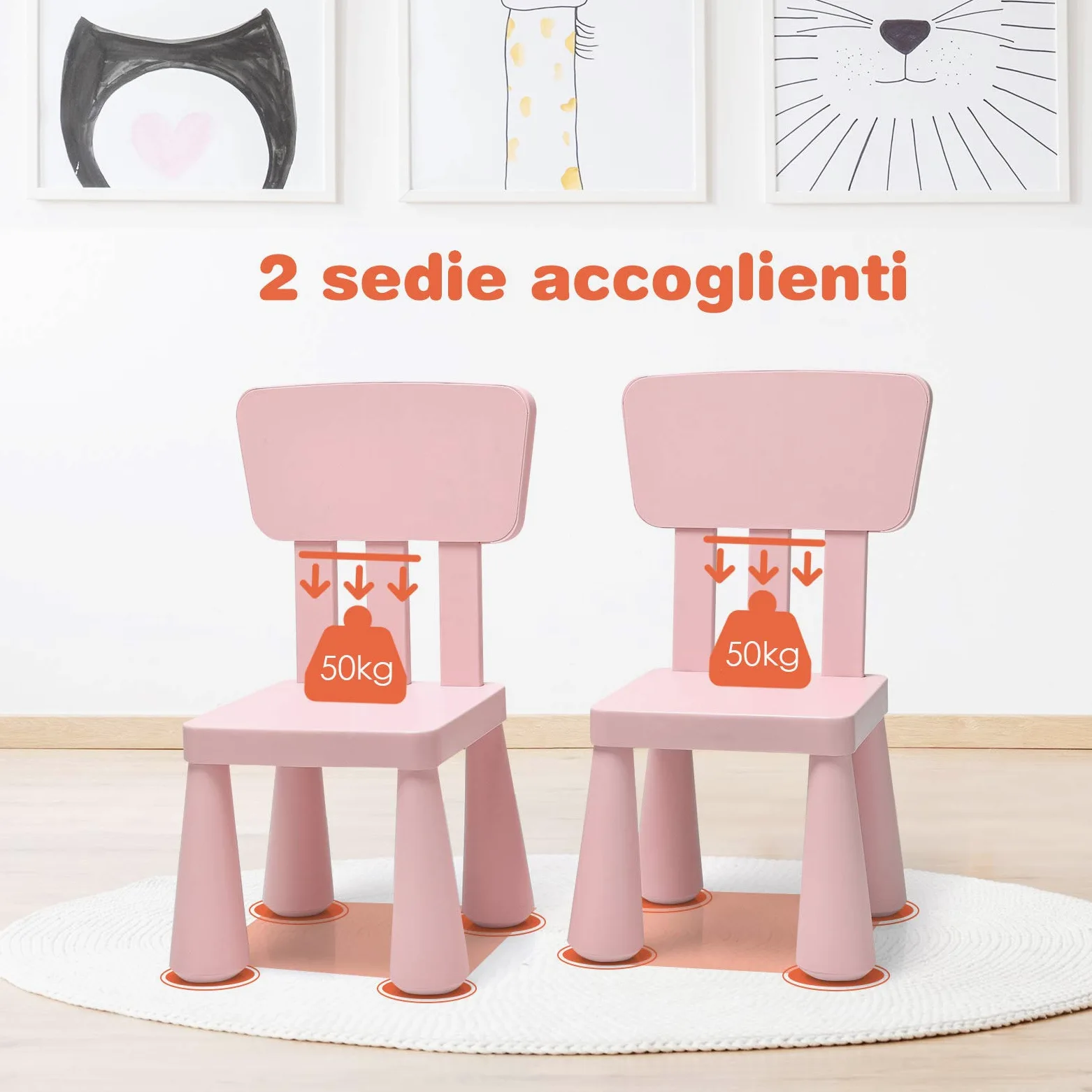 COSTWAY Set Tavolo e Sedie per Bambini 1-7 Anni, 2 Sedie Ergonomiche con Schienale, Materiale PP Atossico e Inodore, Angoli Arrotondati, Adatto per Giocare, Disegnare e Leggere, Portata 50kg (Rosa)