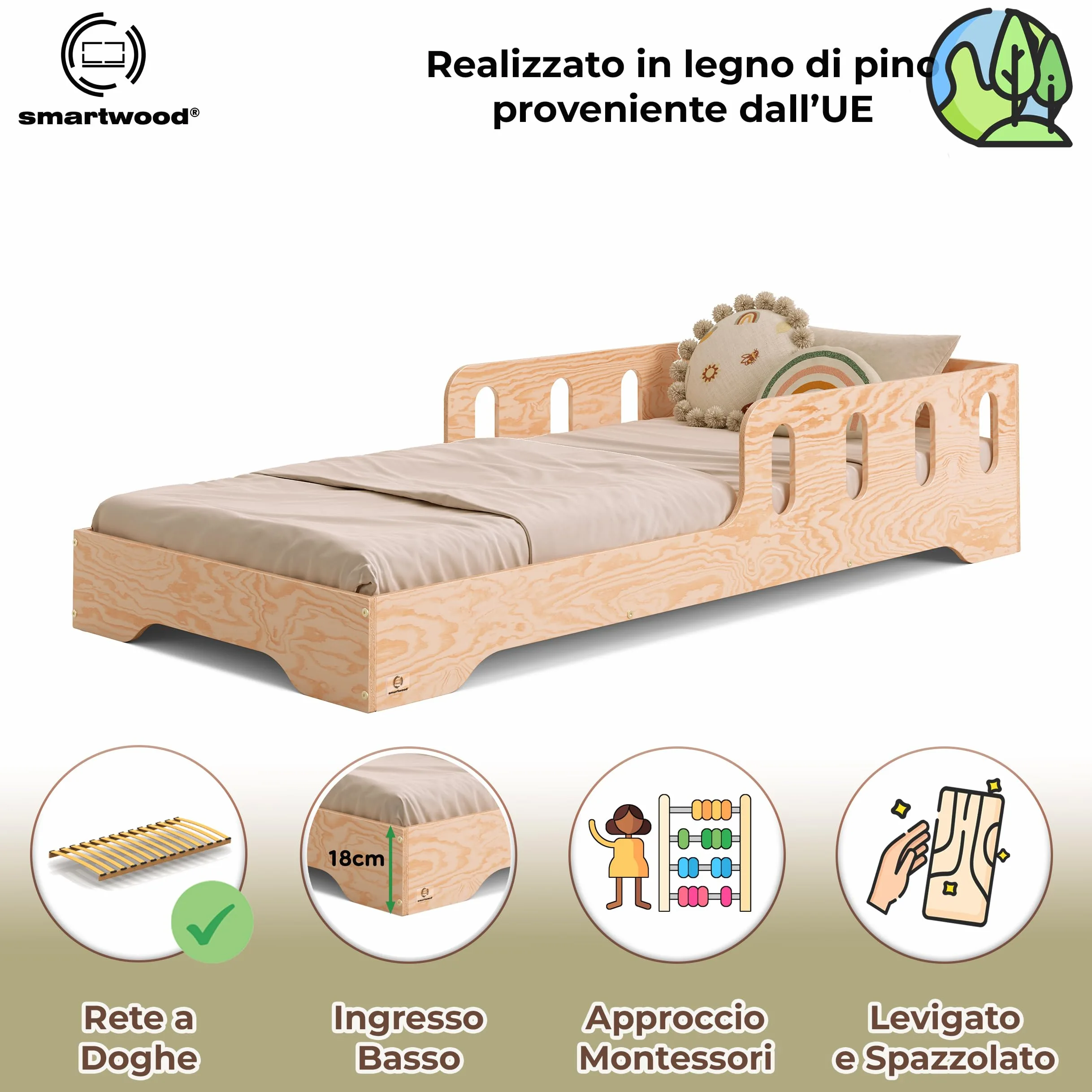 smartwood Letto Montessori Bambini 80x160 cm - Letto Singolo in Legno FSC con Sponda Anticaduta e Doghe Flessibili, portata 230 kg - Per Bambino e Bambina - Montaggio semplice TILA6