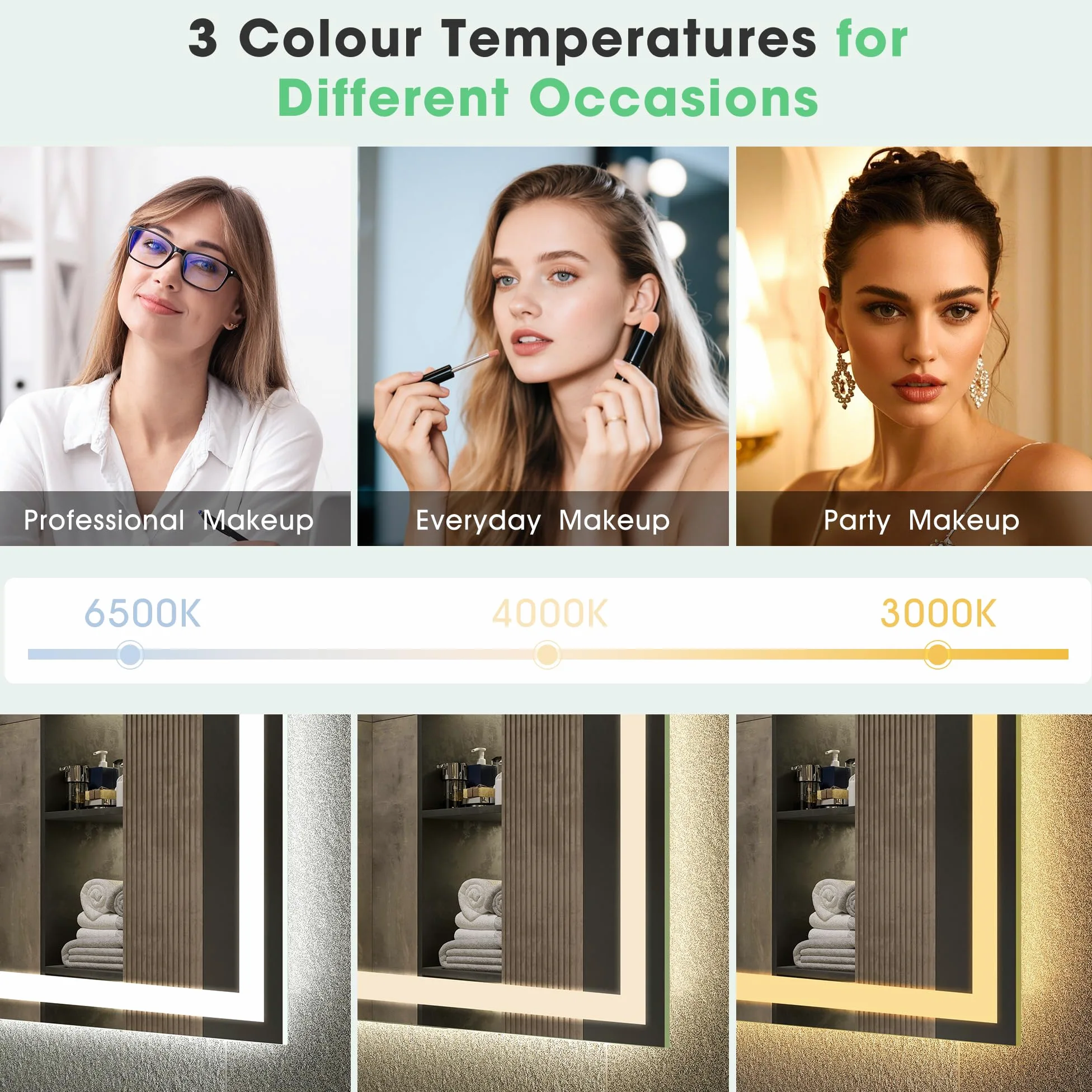 S'bagno Bluetooth-Specchio-Bagno-con-Luce-Led-70x50cm, Specchio-Bagno-Led Anti-Fog, 3000K-6500K, Dimmerabile, Memoria, Vetro Temperato HD, IP44-Specchio-Retroilluminato-Bagno, Orizzontale/Verticale