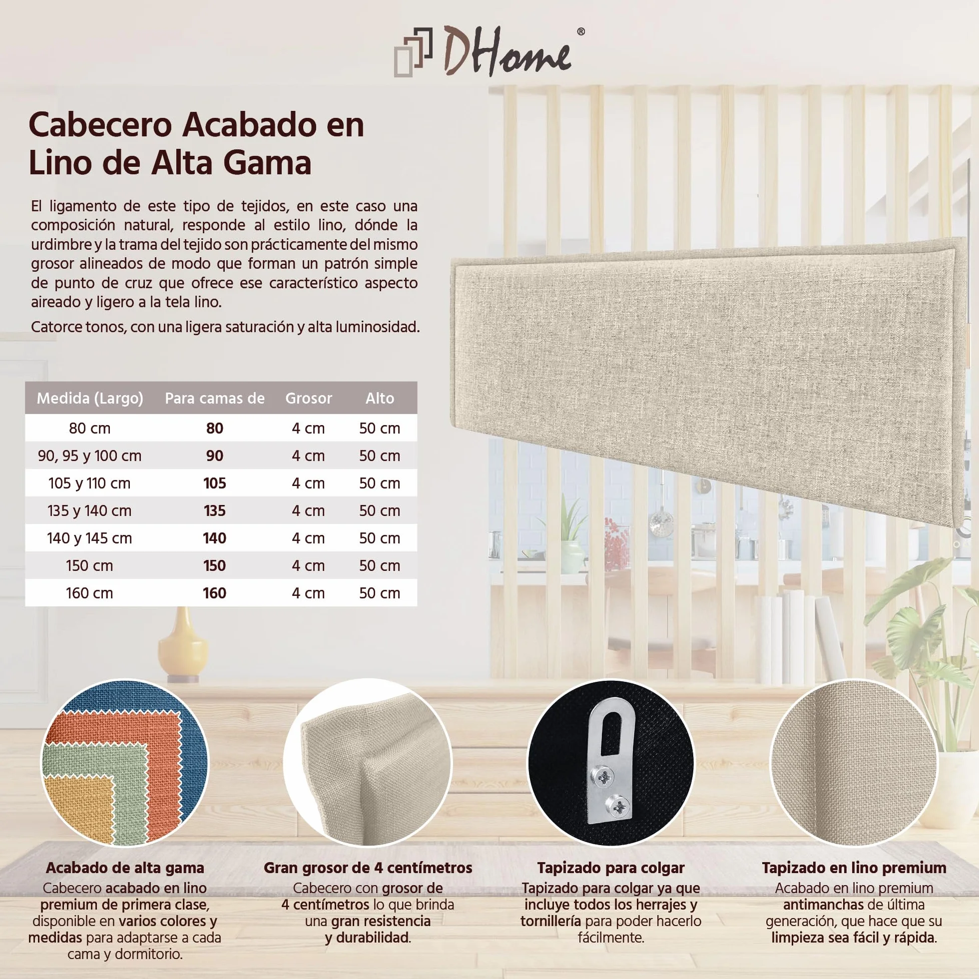 DHOME Testiera in lino naturale con bordo della testiera imbottito Letto moderno TOP TRENDING (Beige, 160cm (Letto 150/160))