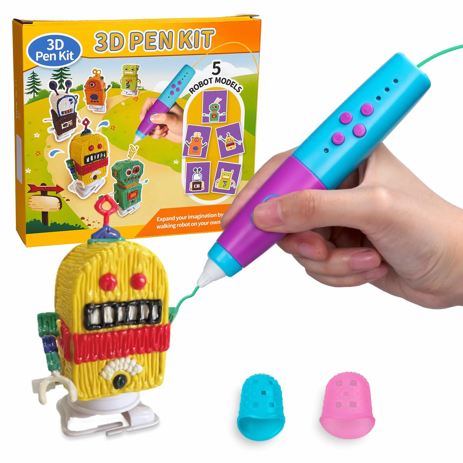 Penna 3D Kretrum a Bassa Temperatura Kit con Stencil Robot, Filamento PCL 1,75 mm, Protezioni Dita