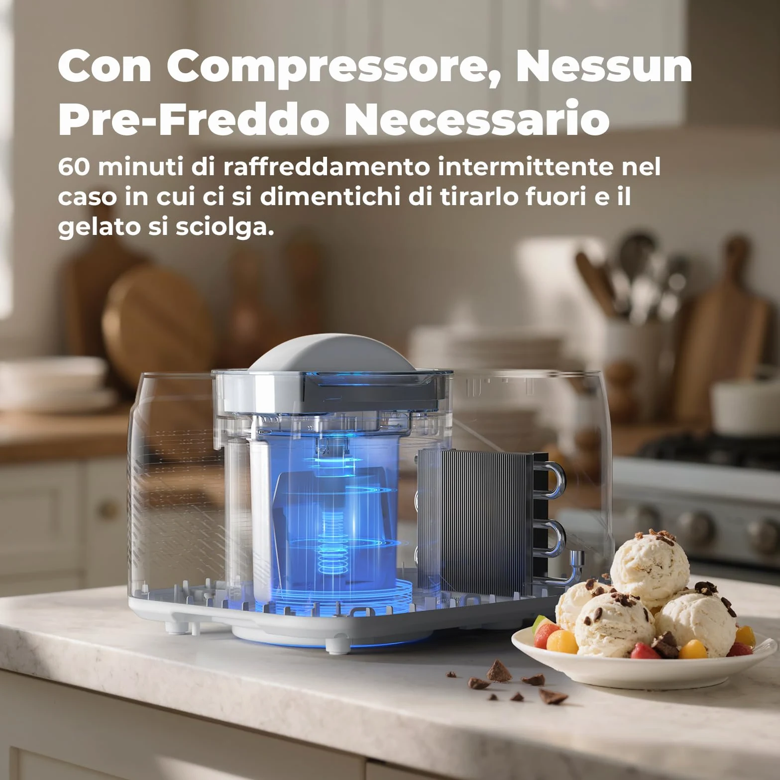Gelatiera con Compressore 1L, Autorefrigerante Gelatiera per Gelato Professionale, Macchine Gelato con Ciotola Estraibile in Alluminio/Spatola/Tazze Graduate