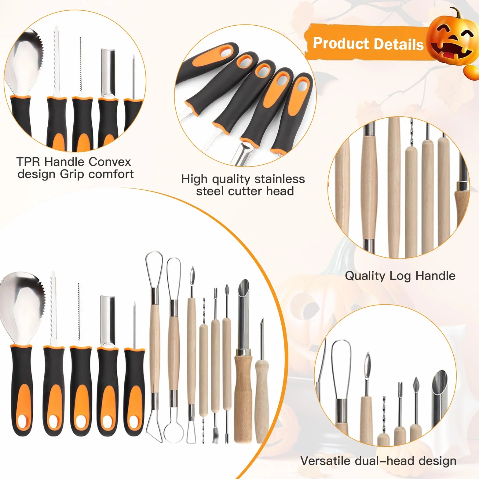 Set da intaglio zucca 13 pezzi in acciaio inox per Halloween con custodia