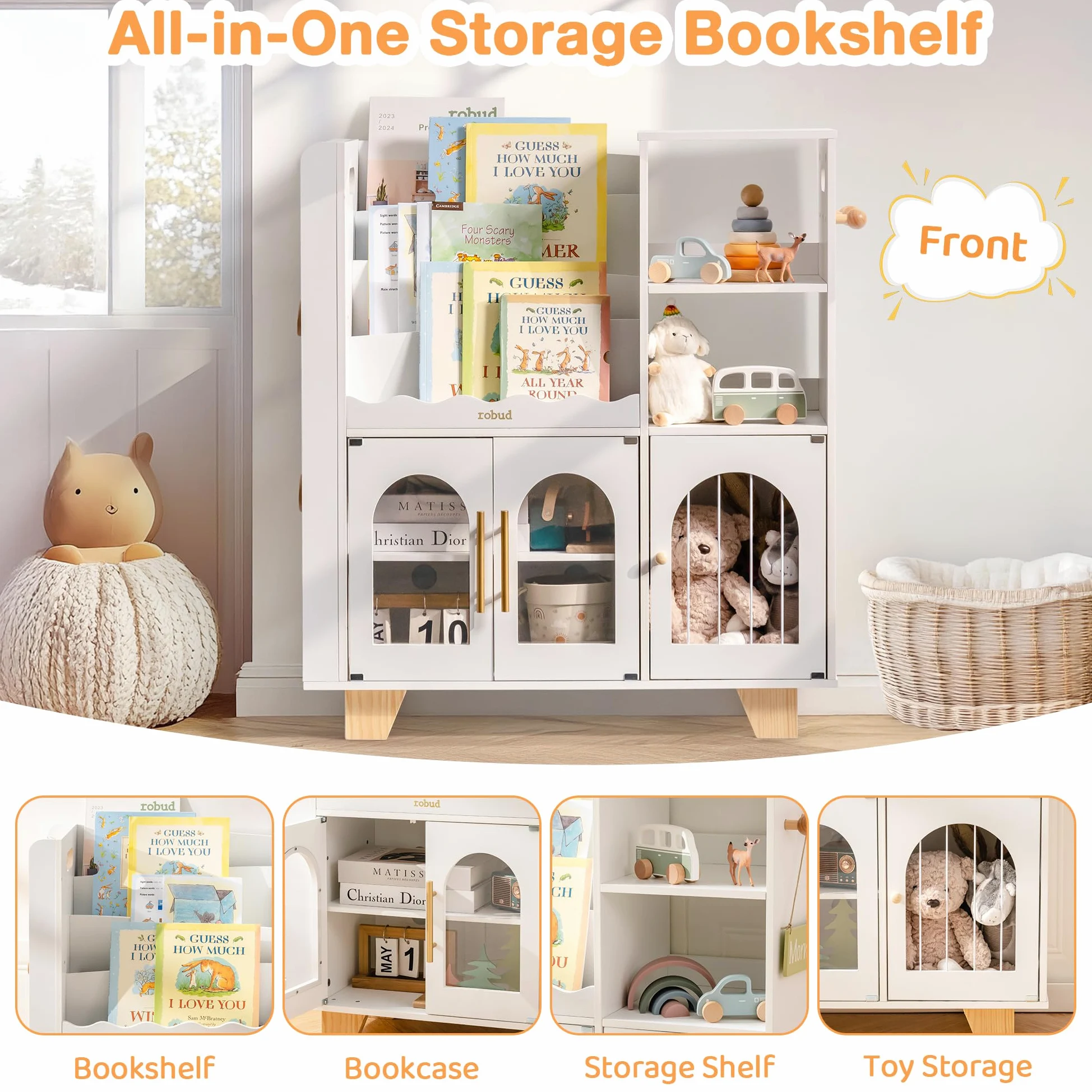 ROBUD Libreria per bambini, in legno, a più livelli, con zona di conservazione dei giocattoli, armadietto per grandi libri fotografici, mobili per bambini