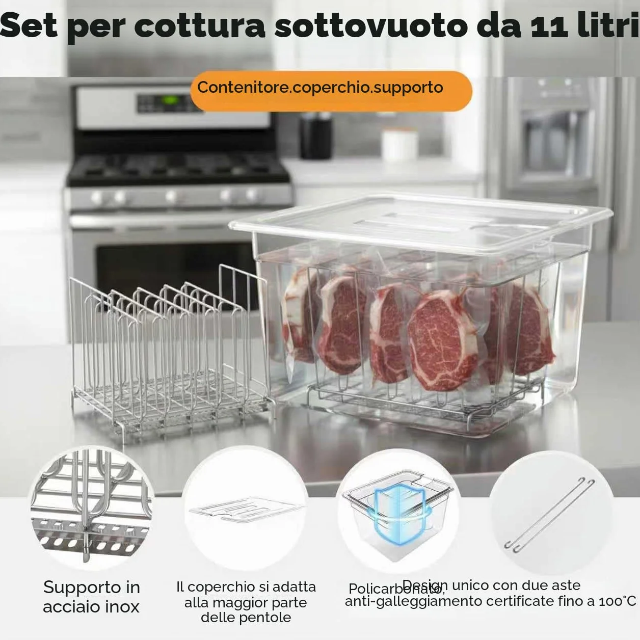Sous Vide Contenitore 11L con coperchio e rack trasparente multifunzionale senza BPA