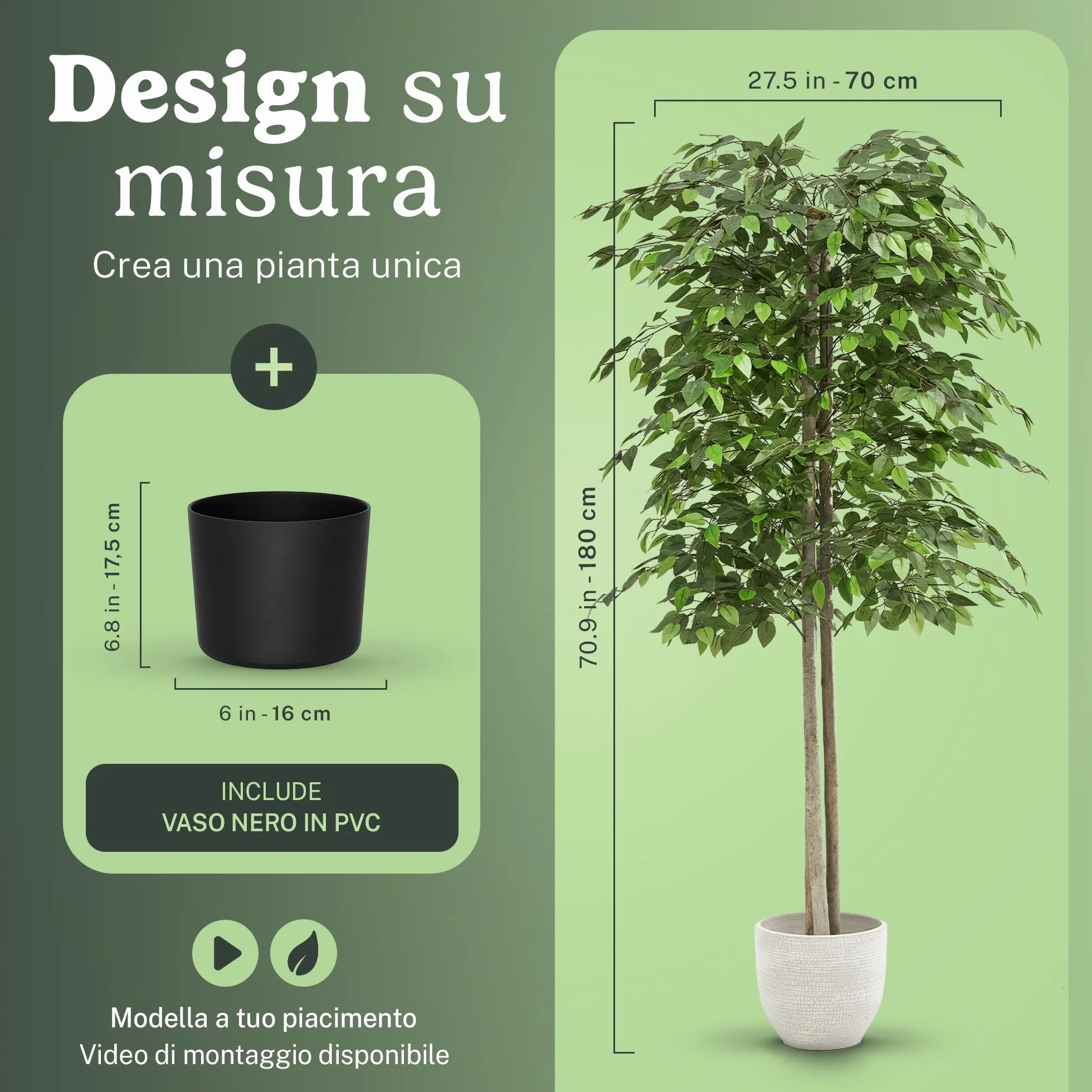 Ficus artificiale 180 cm pianta finta grande tronco naturale albero decorativo realistico casa ufficio hotel