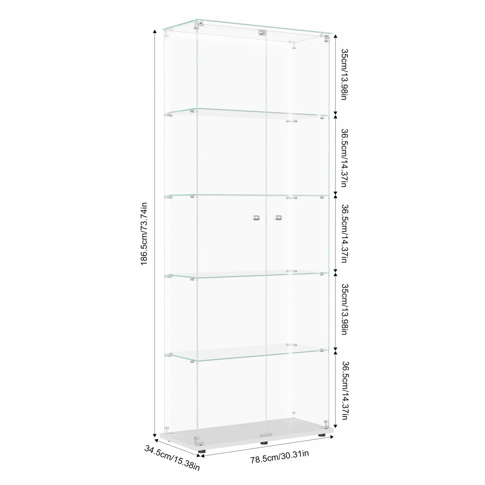 BestAlice Vetrina in vetro, armadietto da collezione con striscia luminosa a LED e lucchetto, armadietto con 2 ante, 5 ripiani, cassetta di presentazione, mobili trasparenti, per soggiorno, bar