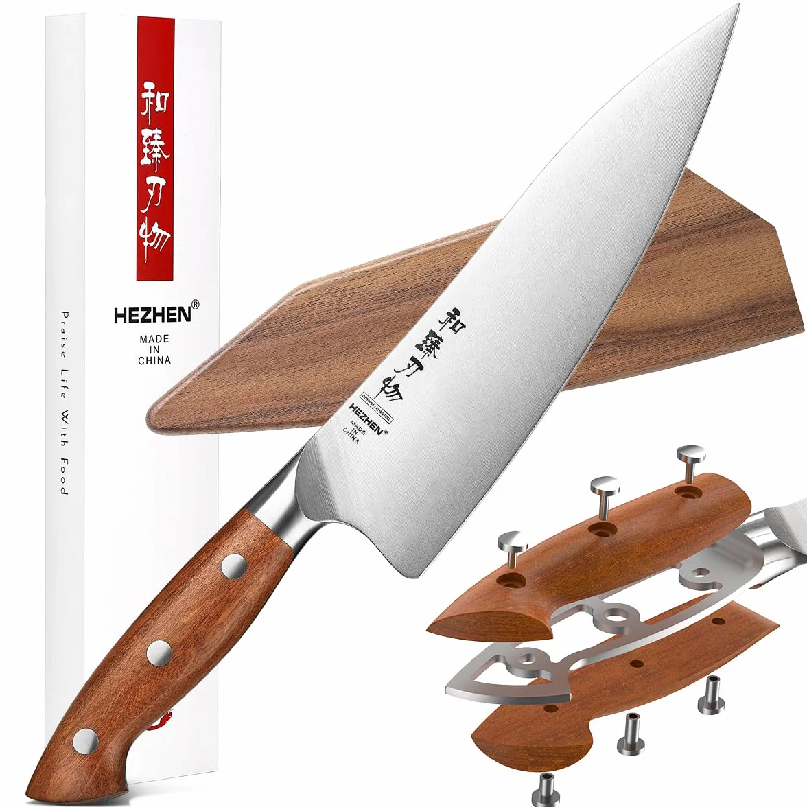 Coltelli da Chef HEZHEN 21cm Acciaio German DIN1.4116 Full Tang Manico Redwood