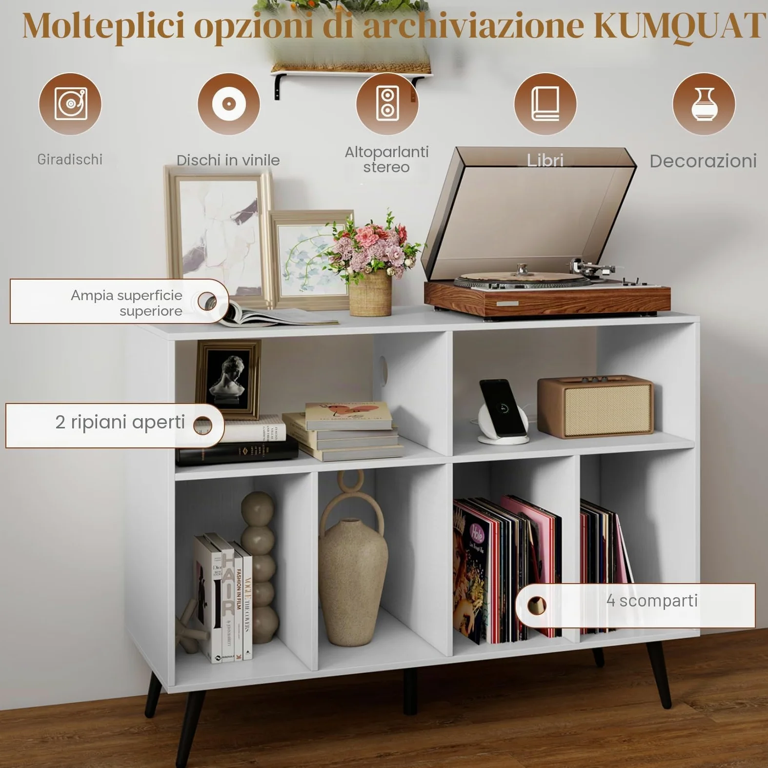 KOMFOTTEU Supporto per Giradischi a 3 Livelli, Mobile Vinili con 4 Scomparti e 2 Ripiani Aperti, Espositore per Dischi con 5 Gambe in Metallo (Con Stazione di Ricarica, Bianco)