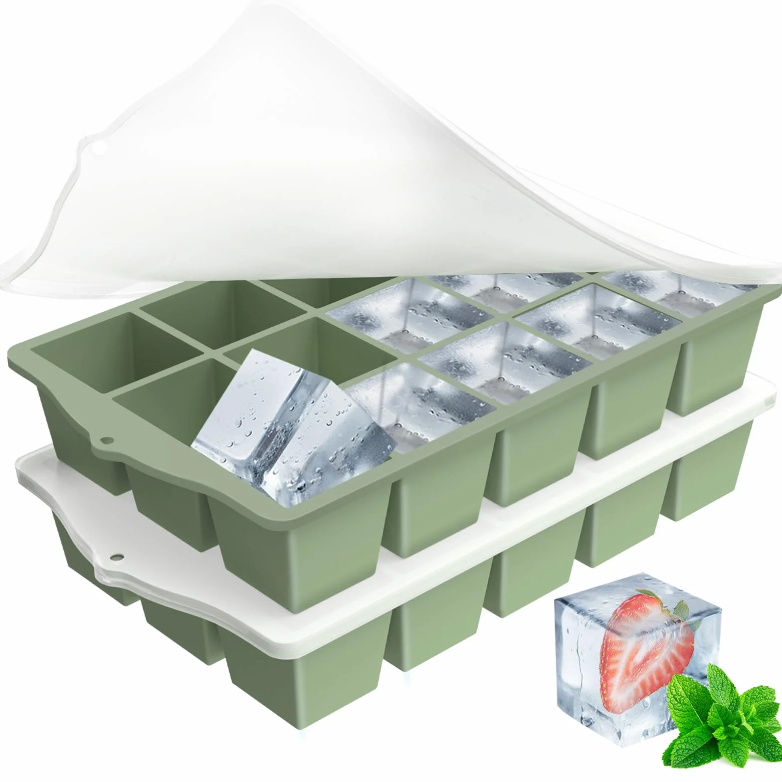Stampo per Ghiaccio Silicone Senza BPA con Coperchio Impilabile per Freezer 2 Pezzi Verde