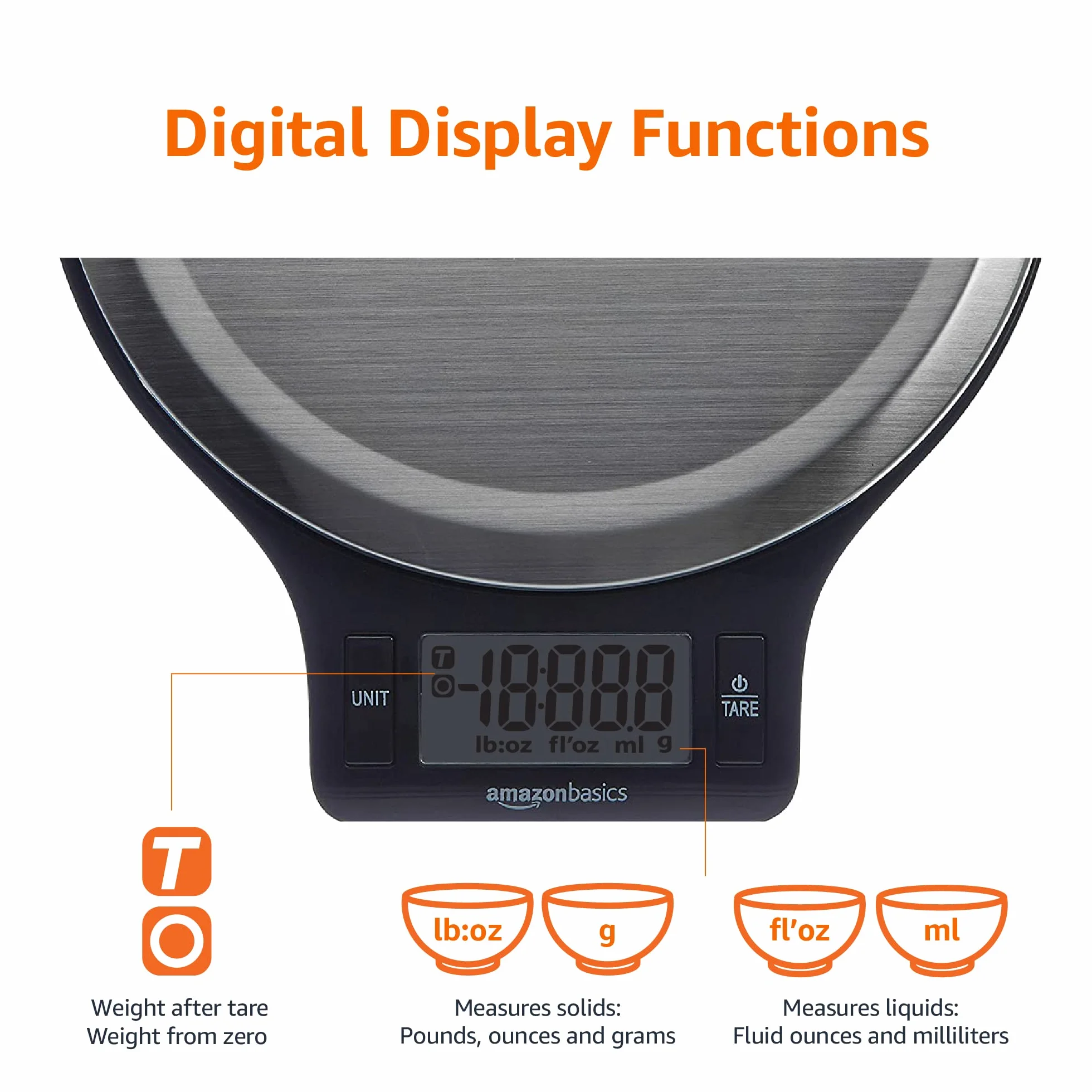 Amazon Basics Bilancia digitale da cucina con display LCD, priva di BPA, nero e acciaio inossidabile