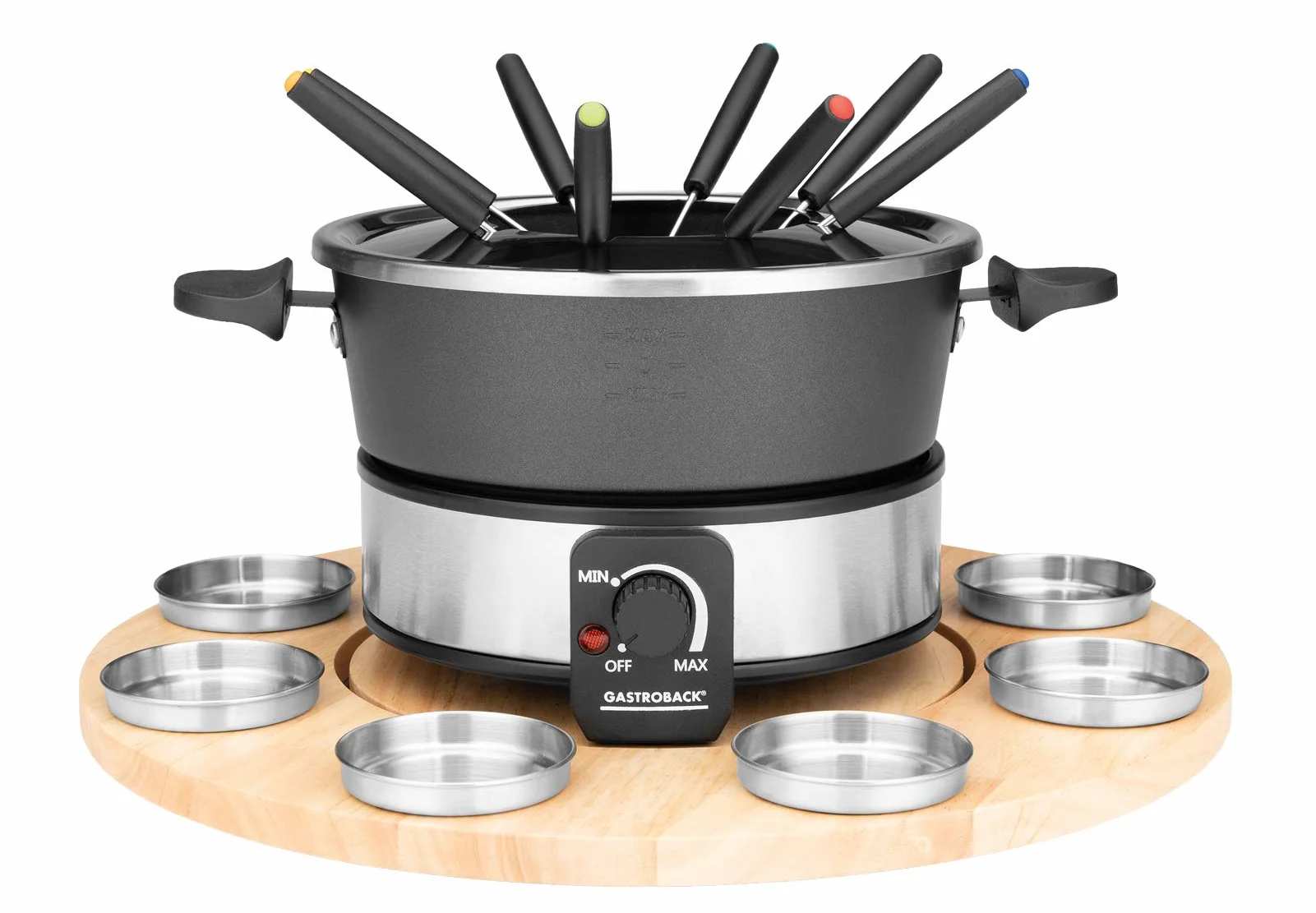 GASTROBACK 42566 - Set per fonduta, pratico piatto girevole con 8 contenitori in acciaio inox, regolabile da 40 °C a 190 °C, 1.000 Watt, 1.000 Watt, 1.000 pentole antiaderenti, colore: Nero/Argento