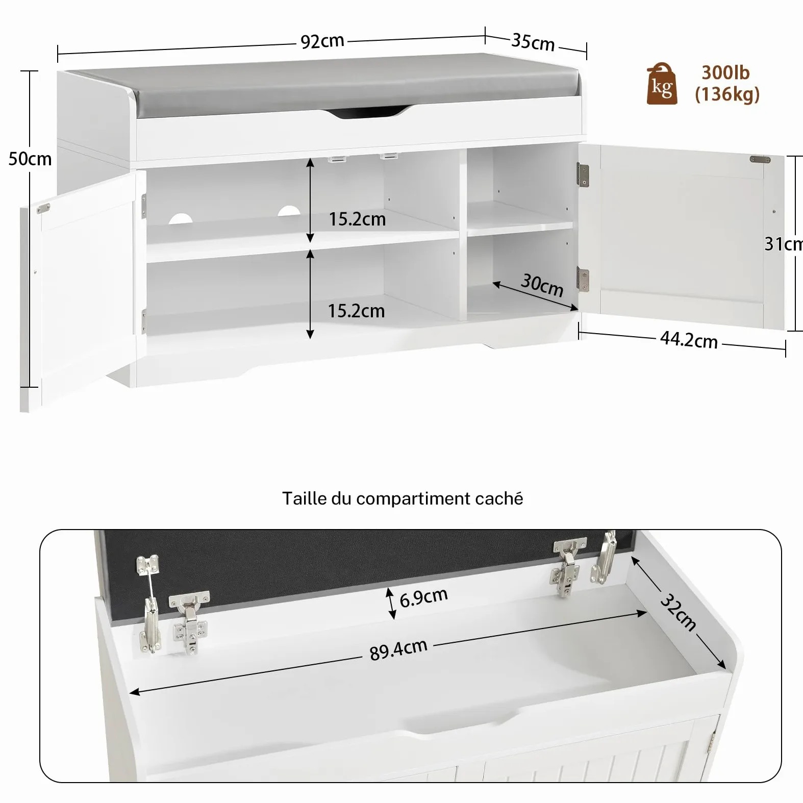 TEENFON 92cm Scarpiera Panca,Panca Contenitore con Cuscino,2 Ripiani Regolabili,Scarpiera per Ingresso, Camera da Letto,92x35x50cm (Bianco)