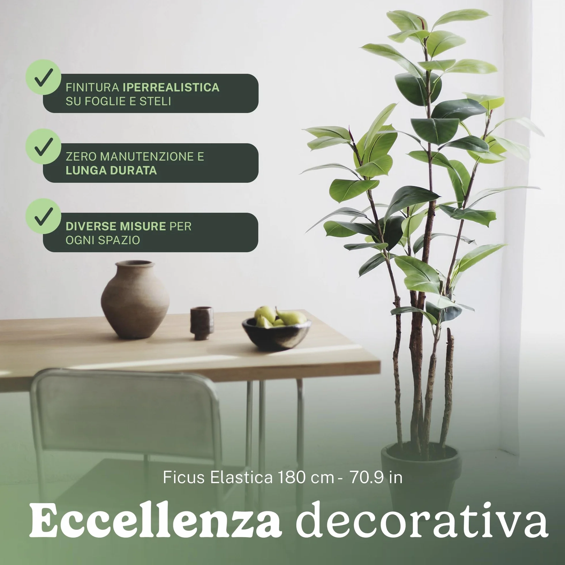 Ficus artificiale 180 cm, pianta finta grande da interno Ficus Elastica iperrealistica, albero decorativo