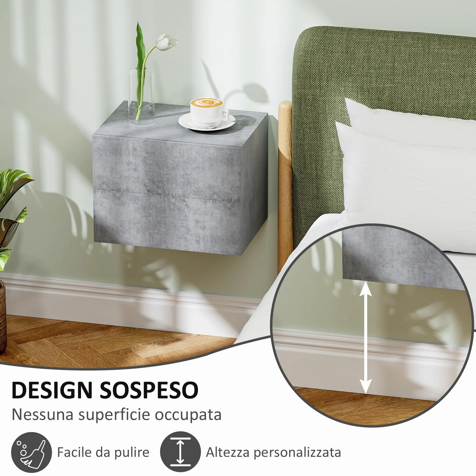 HOMCOM Set di 2 Comodini Sospesi con 2 Cassetti 40x29x30 cm Grigio Cemento | Comodini Camera da Letto, Tavolini Salvaspazio da Salotto