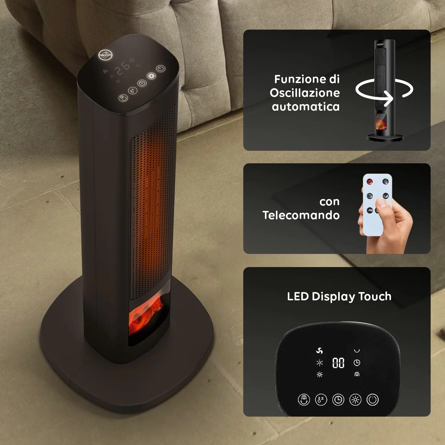 Avilia Termoventilatore a Torre 800/2000W con Funzione Oscillante Automatica e Comodo Telecomando - Elegante e Sicuro Grazie alla Funzione, Anti Surriscaldamento con Spegnimento Automatico - 60cm
