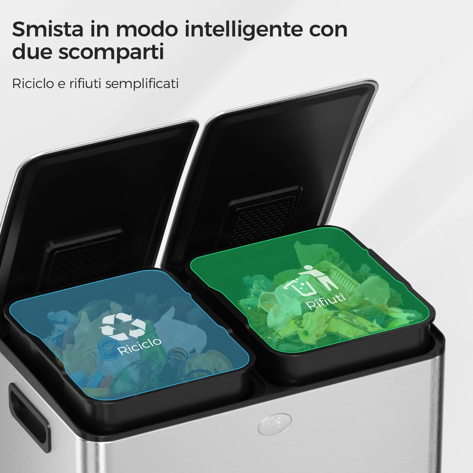 YASHE Pattumiera a Doppio Scomparto con Coperchio, 2x30L Pattumiera Differenziata per Cucina, Pedale con 20 Sacchetti, Secchi Interni Rimovibili, Soft-Close e 2 Filtri al Carbone