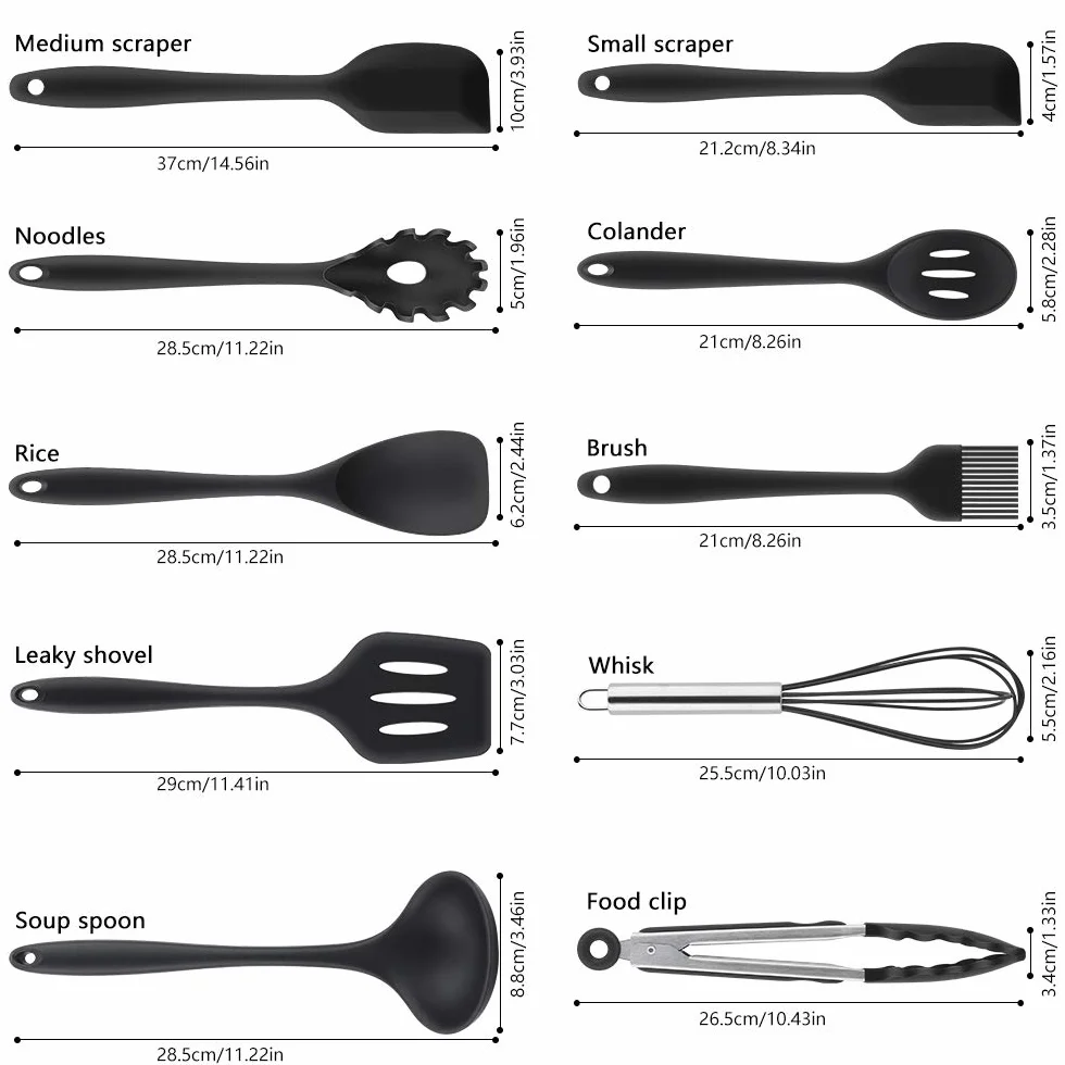 Utensili da Cucina in Silicone -10 Pezzi, Utensili da Cucina Resistenti al Calore Antiaderenti da Cucina(Spatola, Cucchiaio Scanalato, Forchetta per Pasta, Paletta, Pinza, Frusta, Pennello)