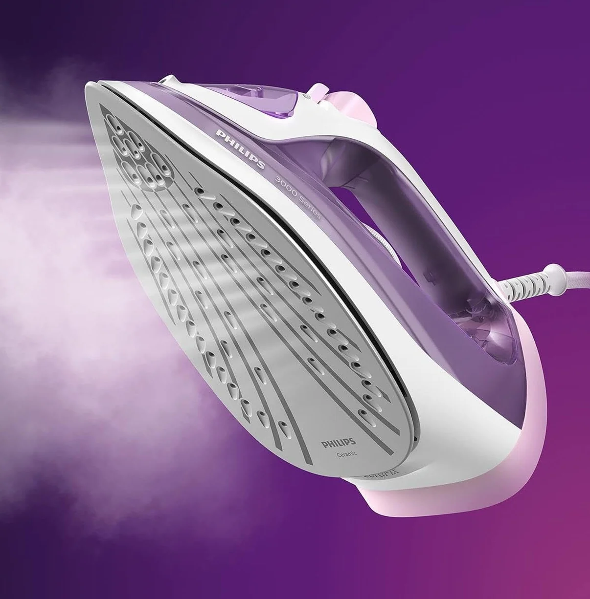 Philips Ferro da stiro a vapore 3000 Series – 2.000 W, potenza costante di 30 g/min, colpo di vapore da 140 g, piastra in ceramica, vapore verticale, viola/bianco (DST3010/30)