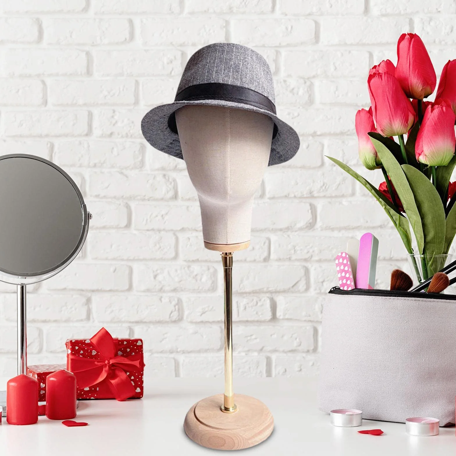 Perfk Regolabile Porta Cappelli 56-76 Cm, Espositore Per Parrucca Modello Testa Manichino Base Legno Mostra Cappelli Gioielli Sciarpe