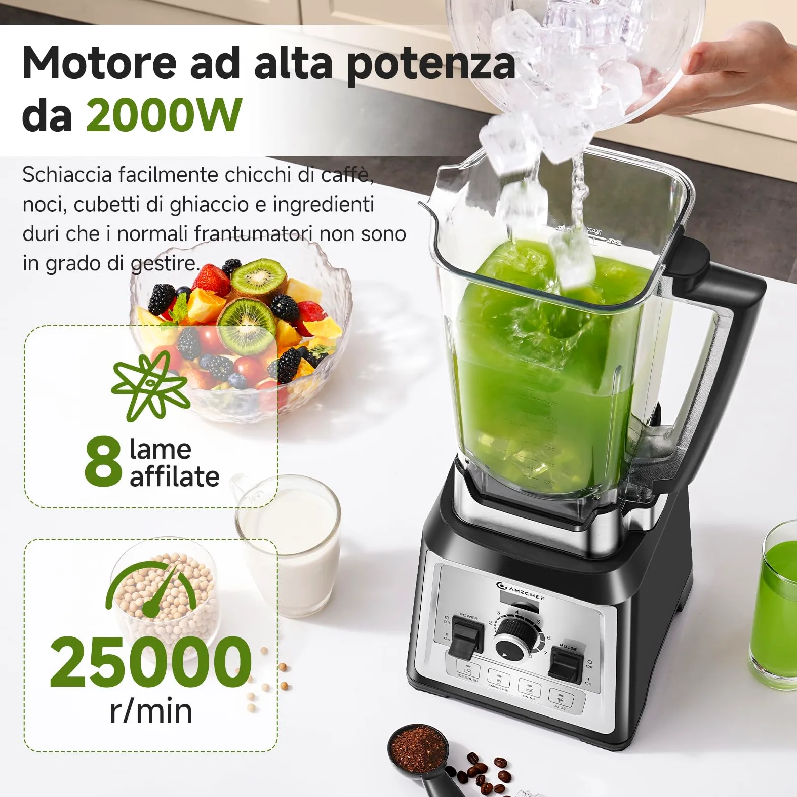 AMZCHEF Frullatore da 2000 Watt, 2 litri, frullatore potente con 8 velocità regolabili e 4 programmi preliminari per ghiaccio tritato, frullati, frullatore per carne, senza BPA