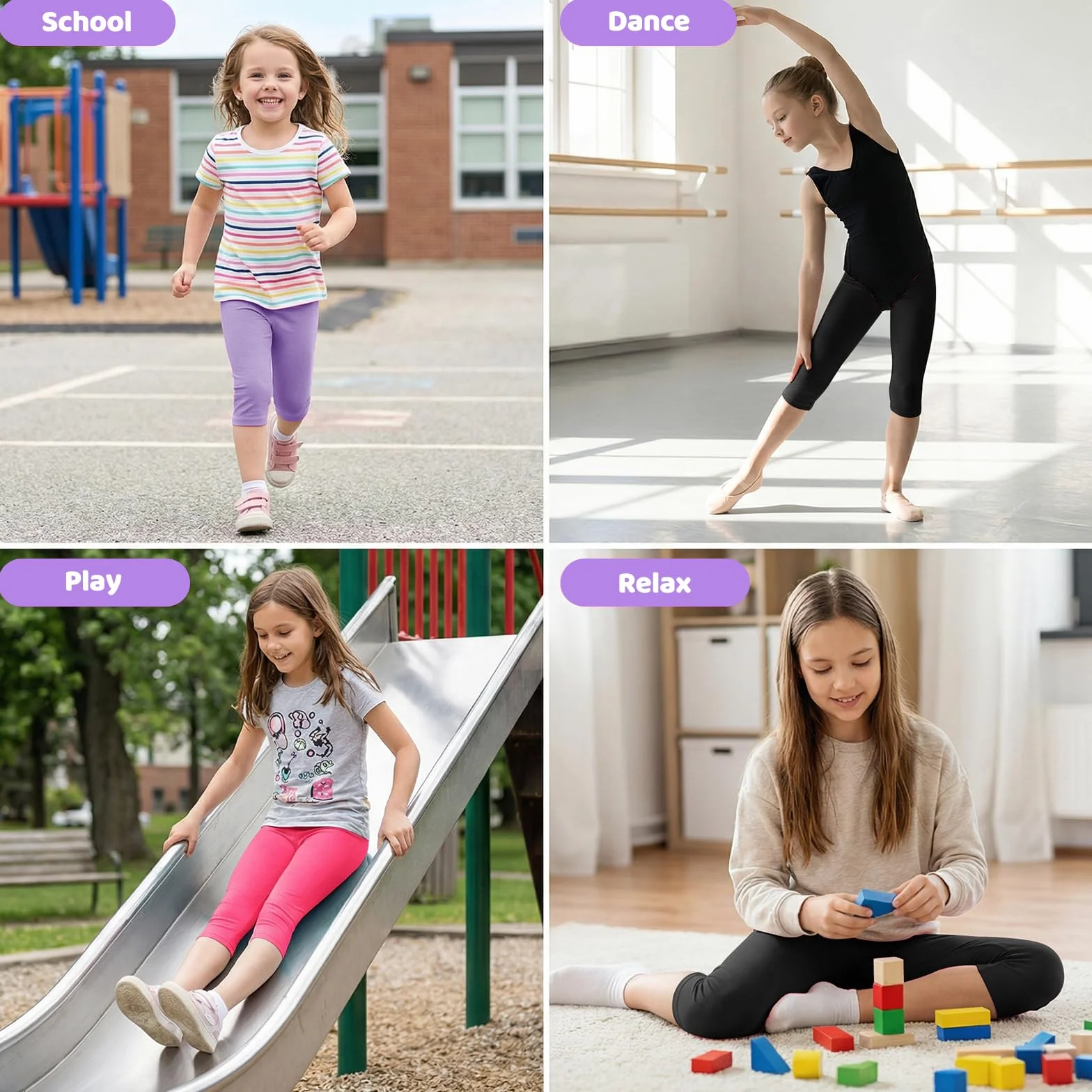 Leggings Capri per Bambine Pacco da 3 Unita Pinocchietti Ragazze Cotone 3/4 Legging Ciclismo Elasticizzati Pantaloni con Elastico in Vita Scuola Parco Estivi Pantacollant per Bambina 5-12 Anni