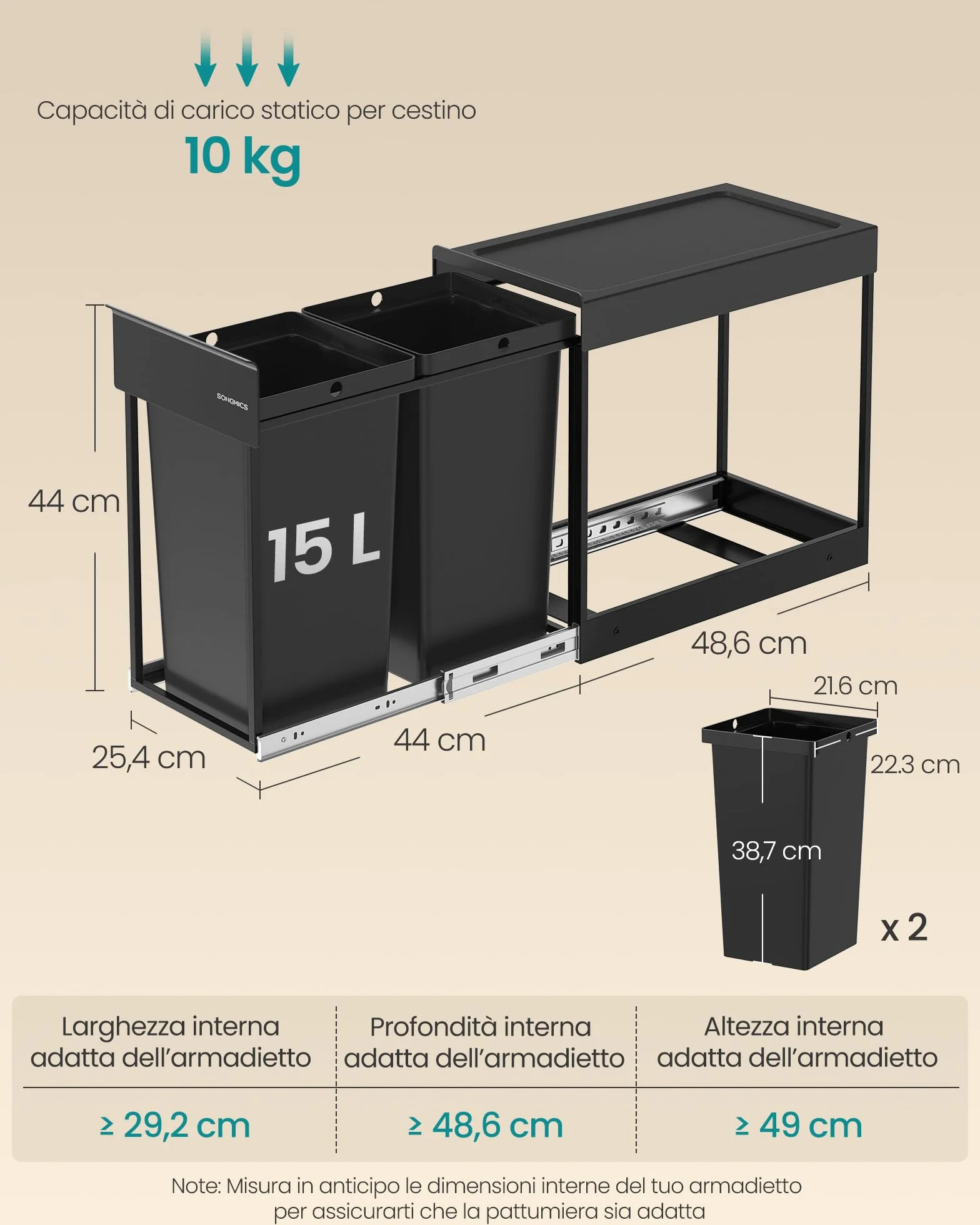 SONGMICS Pattumiera da Cucina per Raccolta Differenziata, Cestino da Incasso per Mobile, 2 x 15 L Doppio Scomparto, Estraibile, Struttura in Acciaio, Coperchio in ABS, Nero Inchiostro LTB950B01