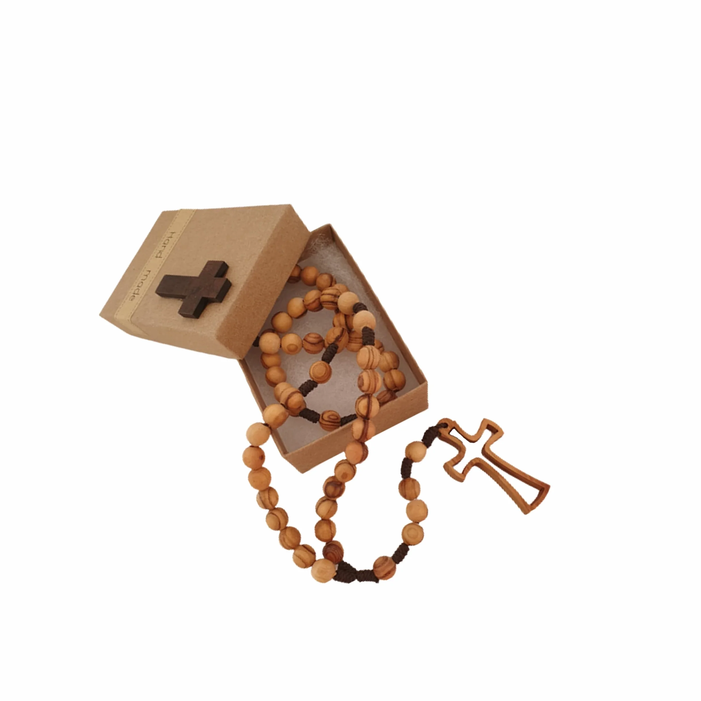 rosario in legno d'ulivo fatto a mano a Gerusalemme, rosario in scatola di carta Kraft con crocifisso, regalo battesimo, comunione, feste cristiane, nascita, compleanno, protezione auto, casa