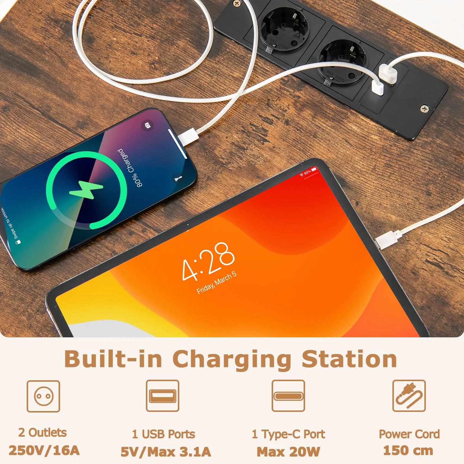 KOMFOTTEU Supporto per Giradischi in Vinile con Stazione di Ricarica, Mobile Giradischi con Divisori Rimovibili e Ruote, Mobiletto Portaoggetti con Telaio in Metallo per Ufficio, Soggiorno, Marrone