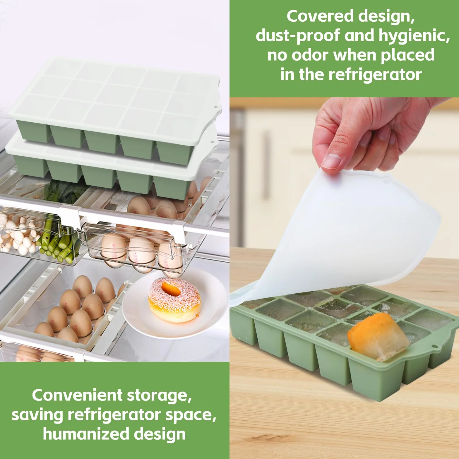 Stampo per Ghiaccio Silicone Senza BPA con Coperchio Impilabile per Freezer 2 Pezzi Verde