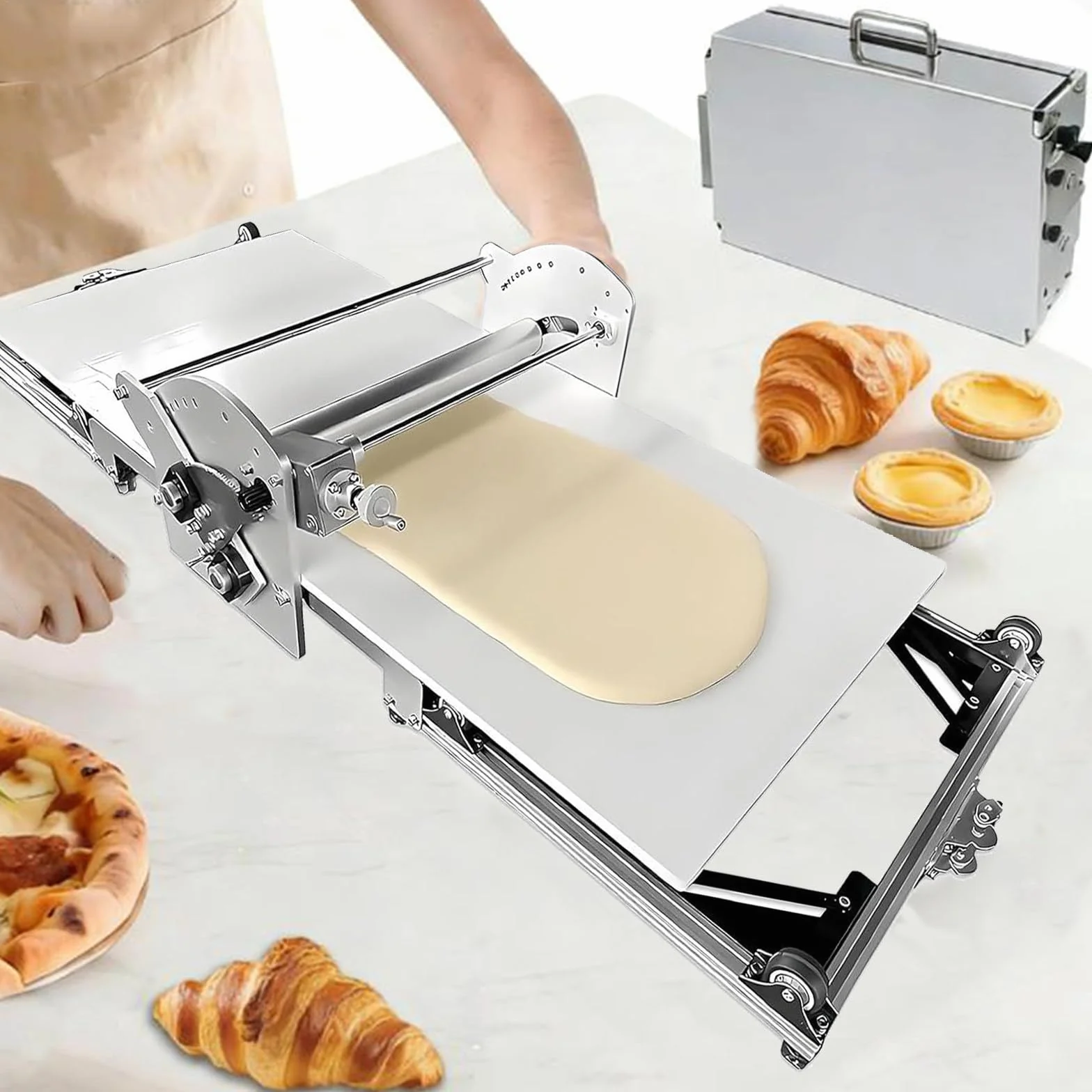 Sfogliatrice Pieghevole, Elettrica in Acciaio Inox, con Impostazioni di Spessore Regolabili da 0,2 a 3 Cm, Rotazione avanti E Indietro, per Pasta Sfoglia E Pasticceria