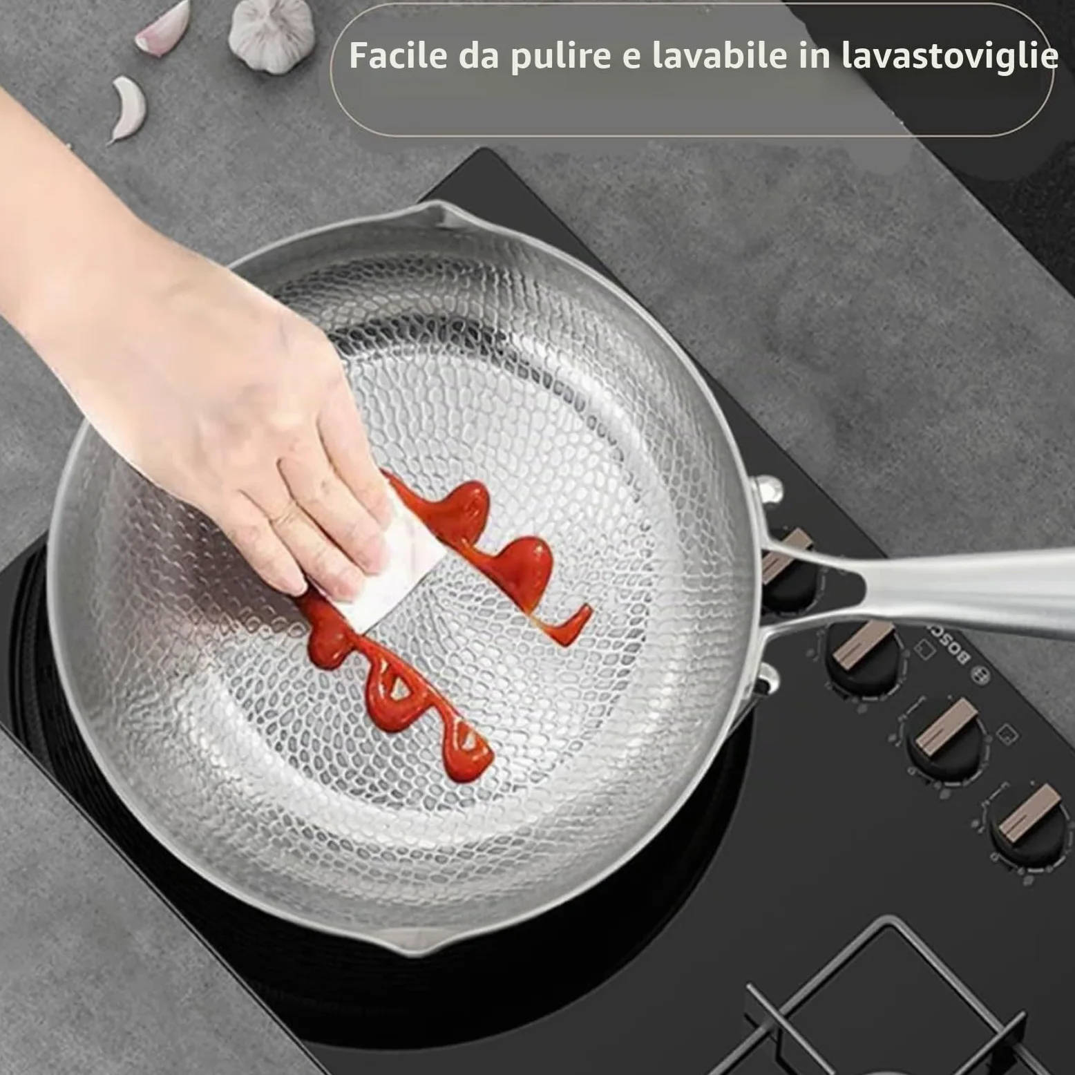 Padella in Titanio Plateful con Coperchio, Casseruola Yukihira in Titanio, Design a Doppio Beccuccio, Antigraffio, Non Rivestito, Adatto a Tutti i Tipi di Fornelli (24cm)