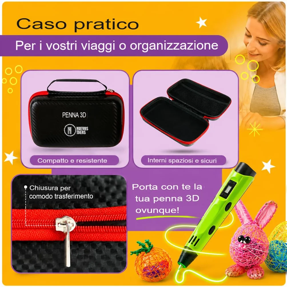 Penna 3D con filamento PLA, display LCD, temperatura e velocità regolabili, borsa per trasporto