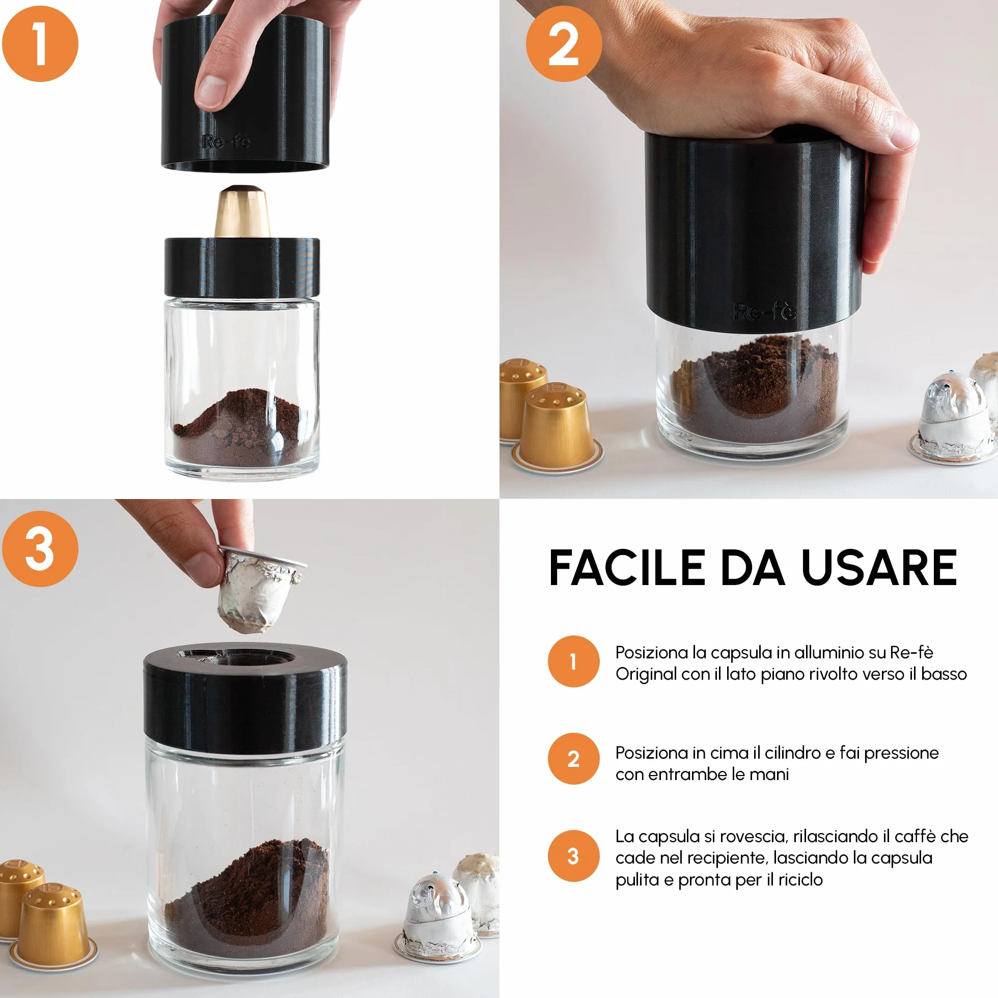 Re-fè Original Utensile Design Riciclo Capsule Caffè Alluminio Compatibili Nespresso Svuota Ricicla