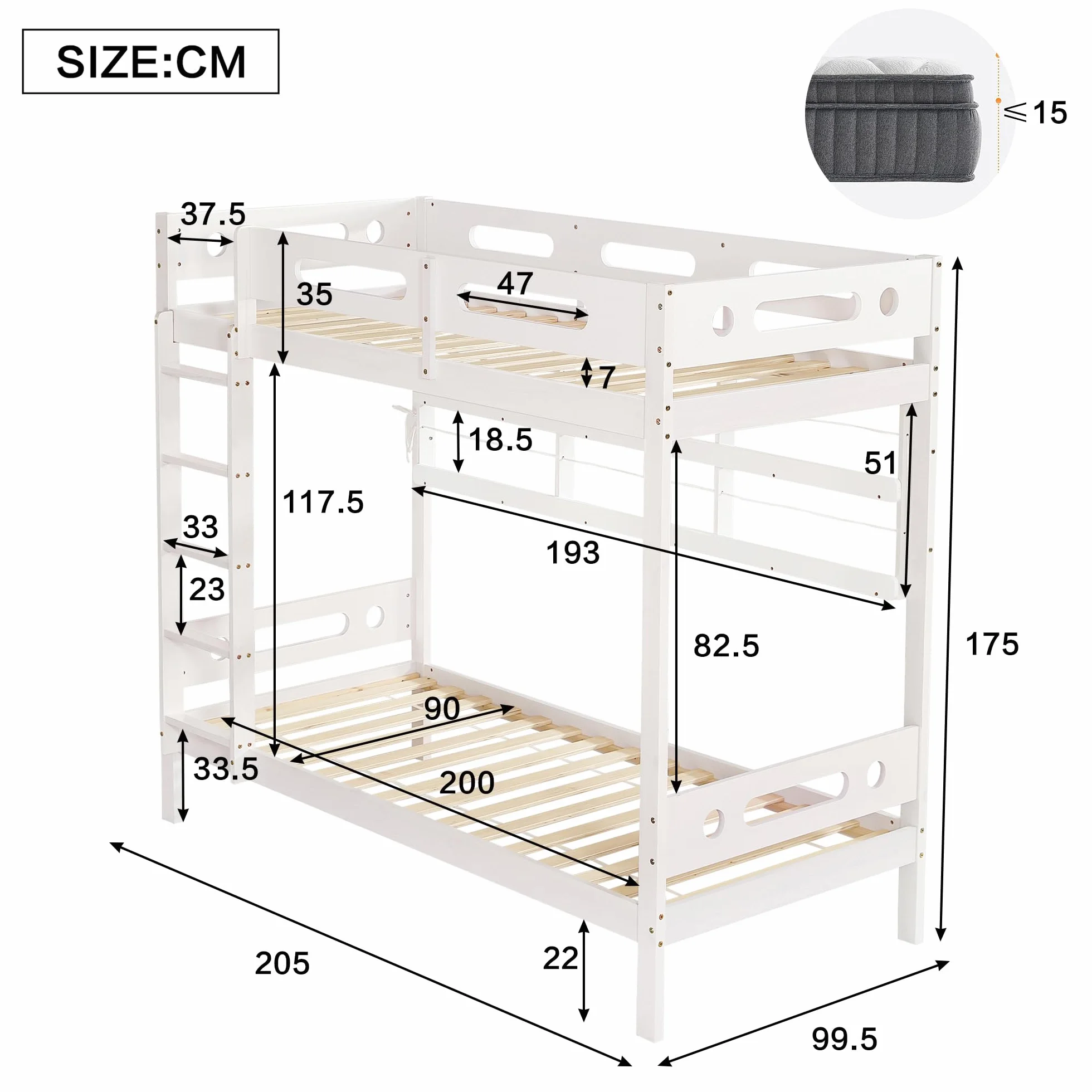 Letto a castello, 90 x 200 cm, lettino con rete anticaduta, due cassetti su ruote, scaffale aperto, scala a cinque livelli, ampio spazio di archiviazione, pino+MDF, bianco