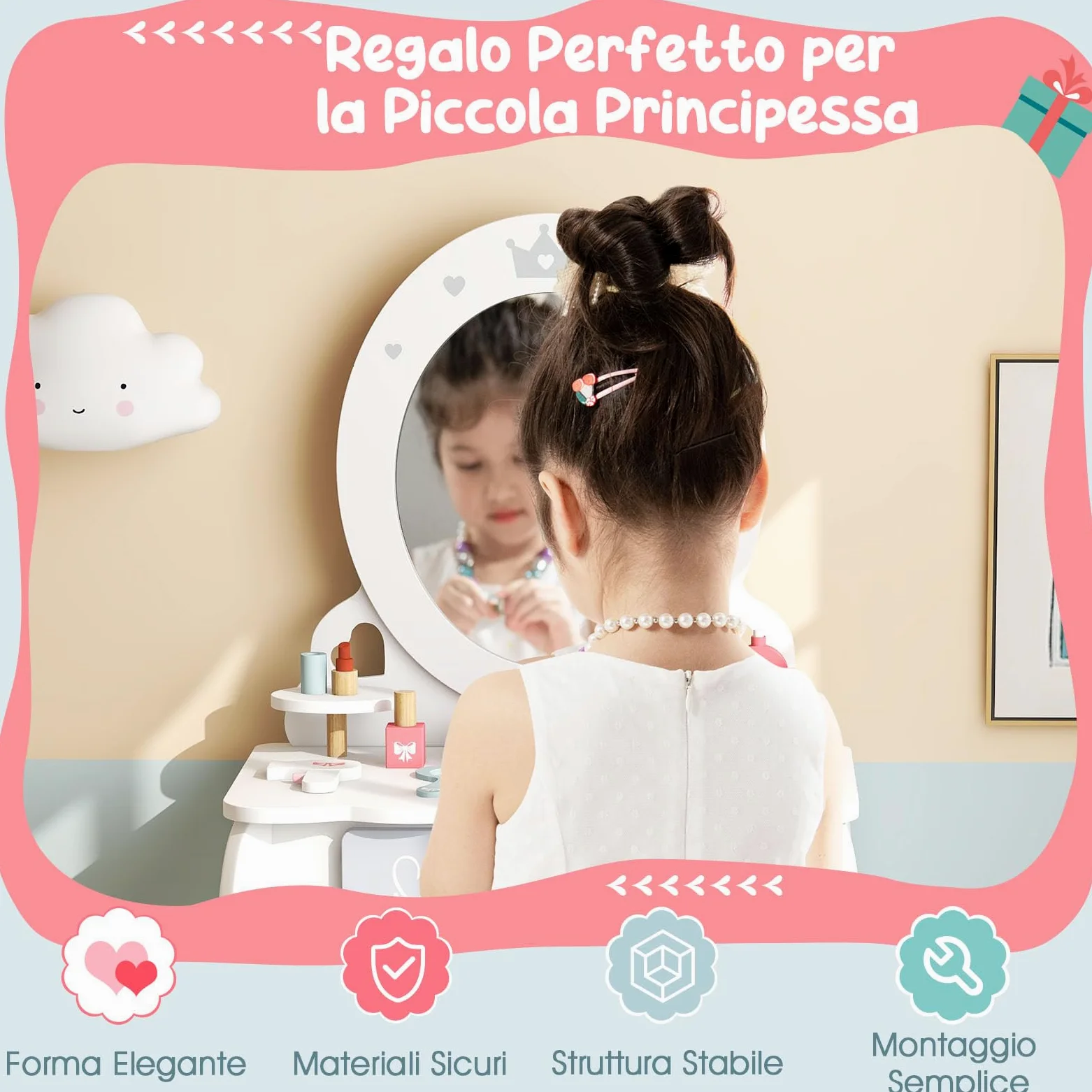 COSTWAY Toeletta Trucco 2 in 1 per Bambina, Specchiera Staccabile per Ragazza in Legno con Sgabello, Cassetto, Ripiani e Giocattoli, Postazione Trucco per 3 Anni, 50 x 34 x 93 cm, Bianco