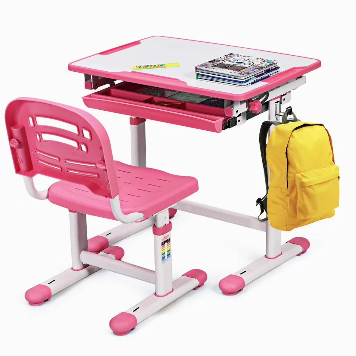 COSTWAY Set Sedia e Scrivania per Bambini Altezza e Angolo Regolabile e Multifunzionale Confortevole Apprendimento Colori Disponibili: Blu/grigio/rosa (ROSA)