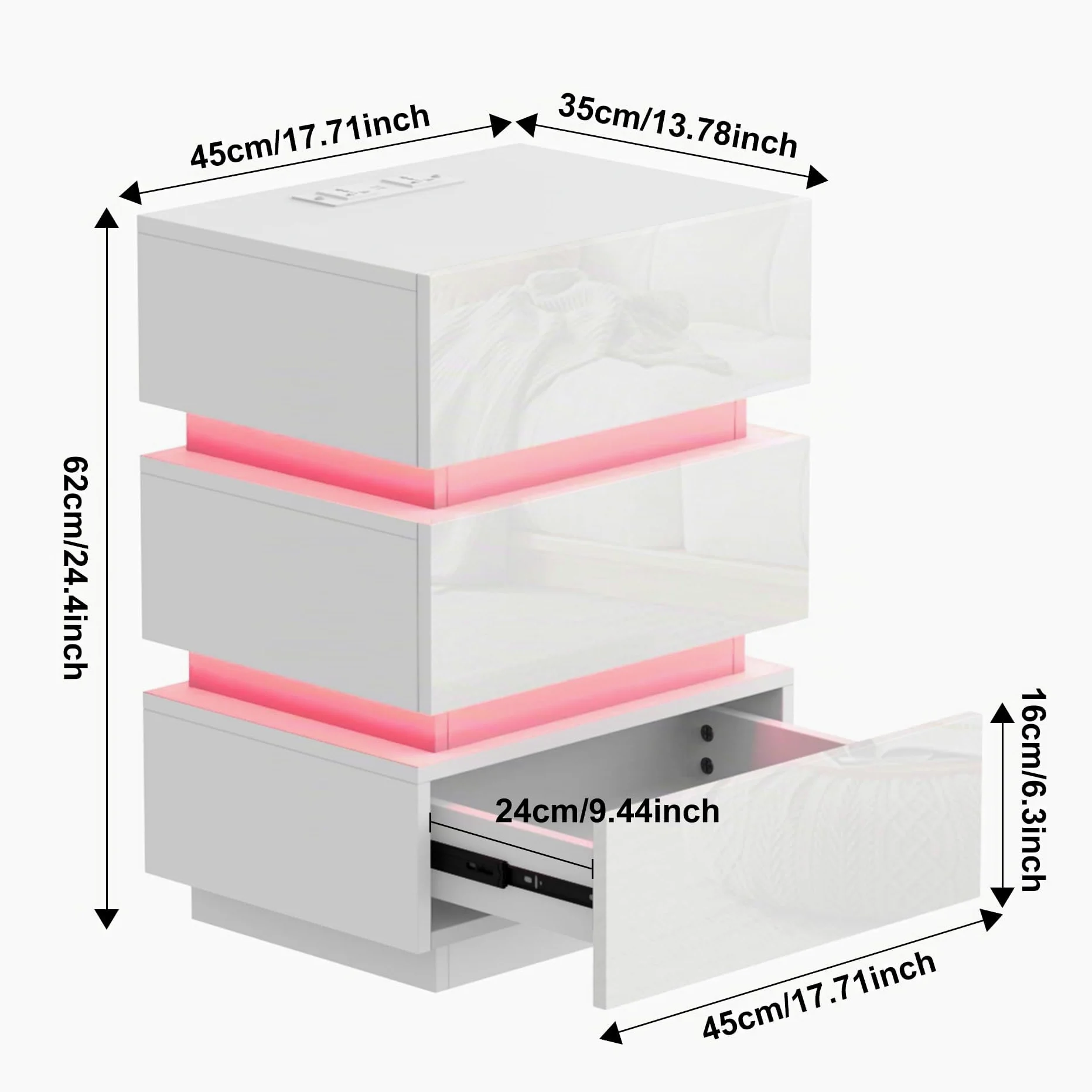 Moderno Comodino Lucido Comodini con striscia luminosa a led Bianco Comò Comodino con presa Tavolino con 3 cassetti per camera da letto, soggiorno