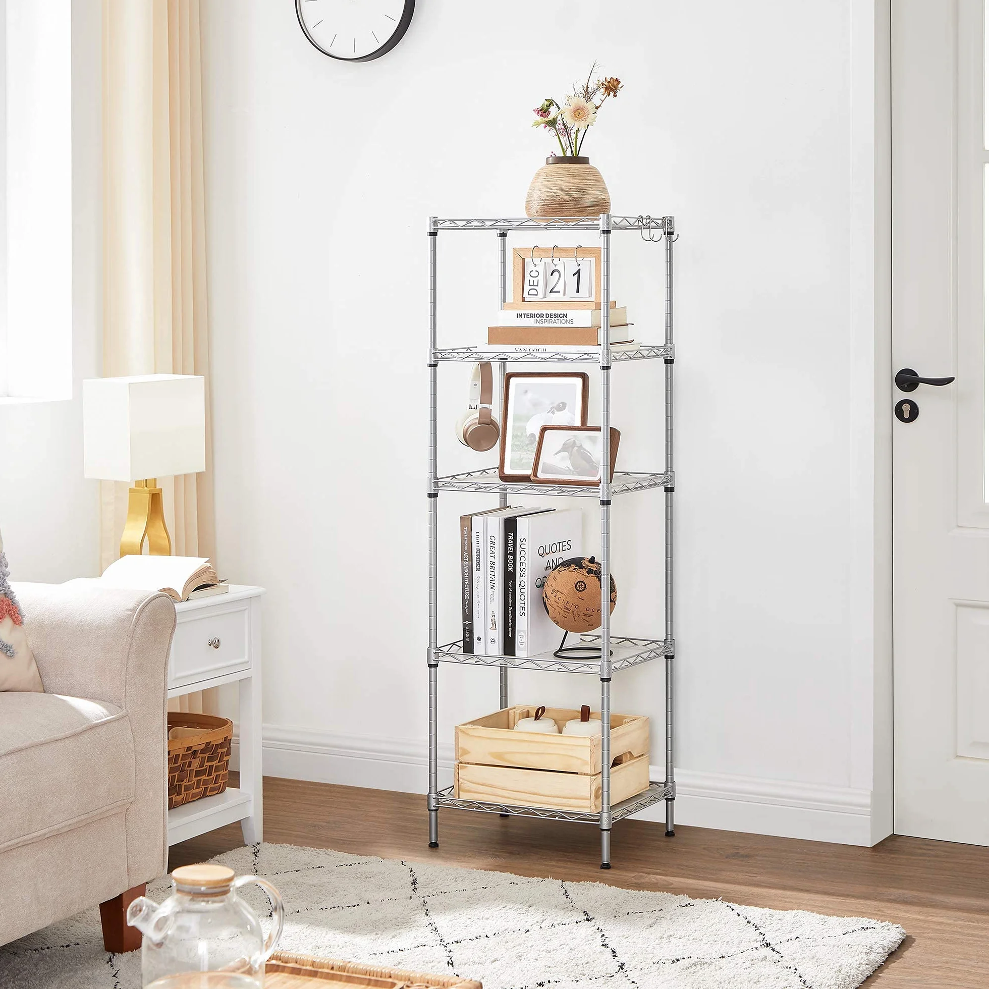 SONGMICS Mensola da cucina a 5 livelli, 8 ganci, regolabile in altezza, metallo, argento LGR115E01