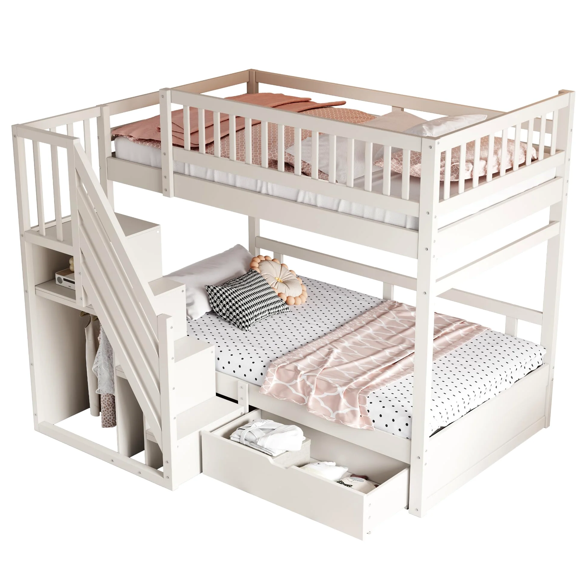 Soweiz Lettino per bambini 90 x 200 cm, in legno massello con rete di sicurezza elevata, con rete a doghe, scala di sicurezza con vano portaoggetti, letto per ragazzi (bianco)