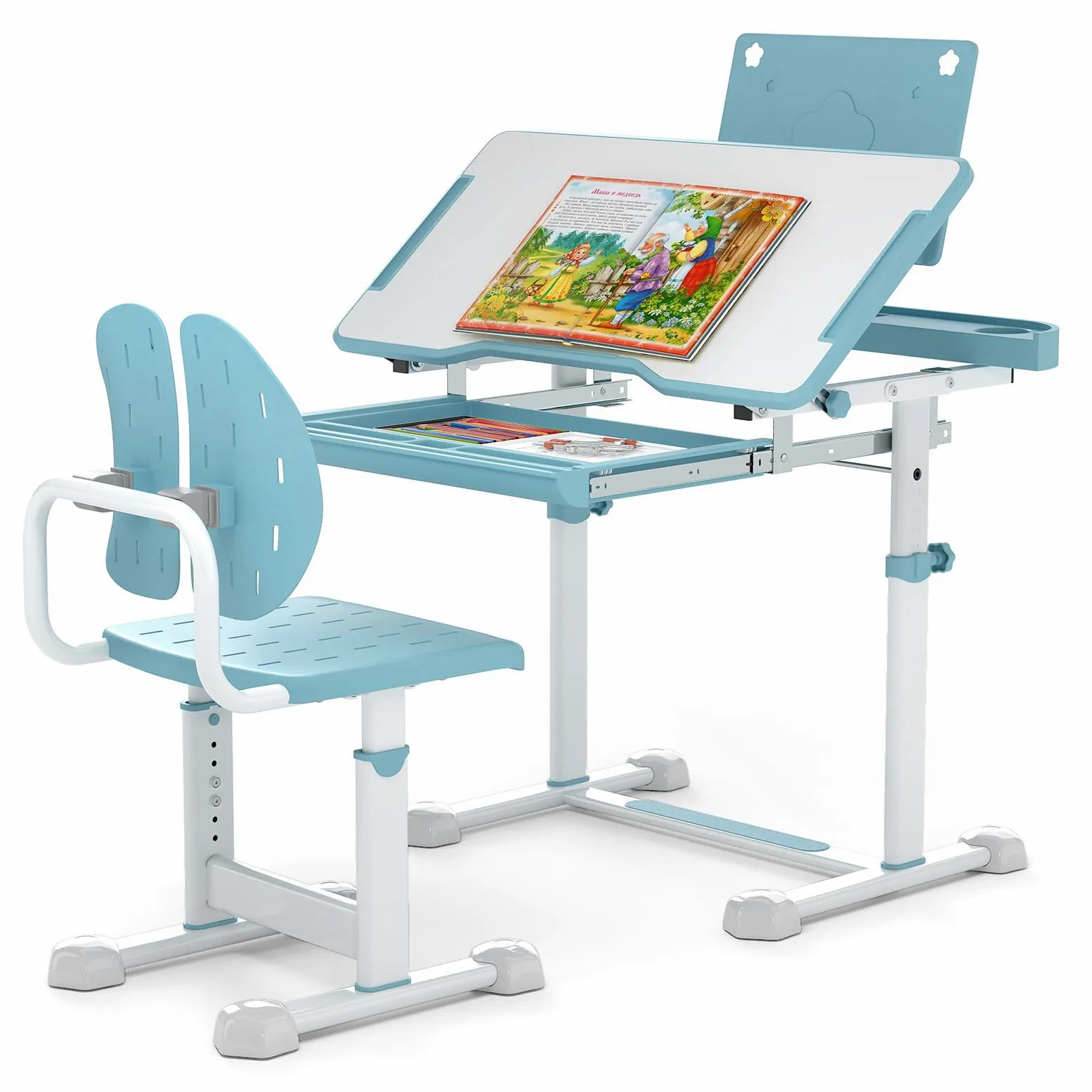 RELAX4LIFE Scrivania per Bambini con Sedia, Set Tavolo da Studio con Piano Inclinabile, Altezza Regolabile, Supporto per Libri, Portabicchieri, Cassetto Estraibile, Sedia Ergonomica (Blu)