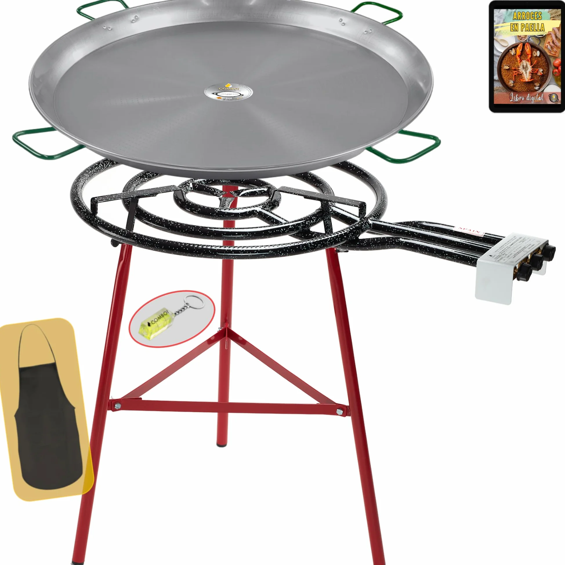 Comboi - Paellero a gas butano 70 cm, Kit Bruciatore Paellera in Acciaio Lucidato 90 cm, Supporto con Gambe Rinforzate, Livello, Grembiule, Libro di Ricette Digitale