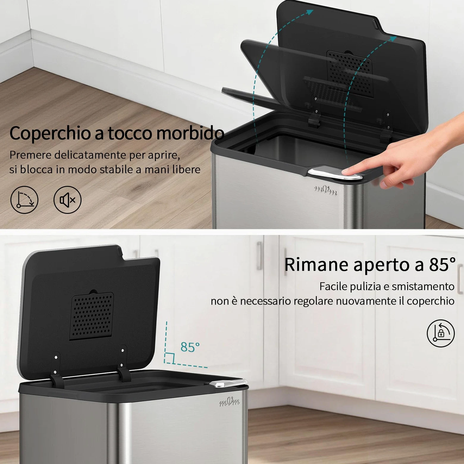 mVm Pattumiera da Cucina a Pressione Manuale 80 L, Cestino della Spazzatura Nero in Acciaio Inossidabile Antimpronte, Chiusura Ammortizzata